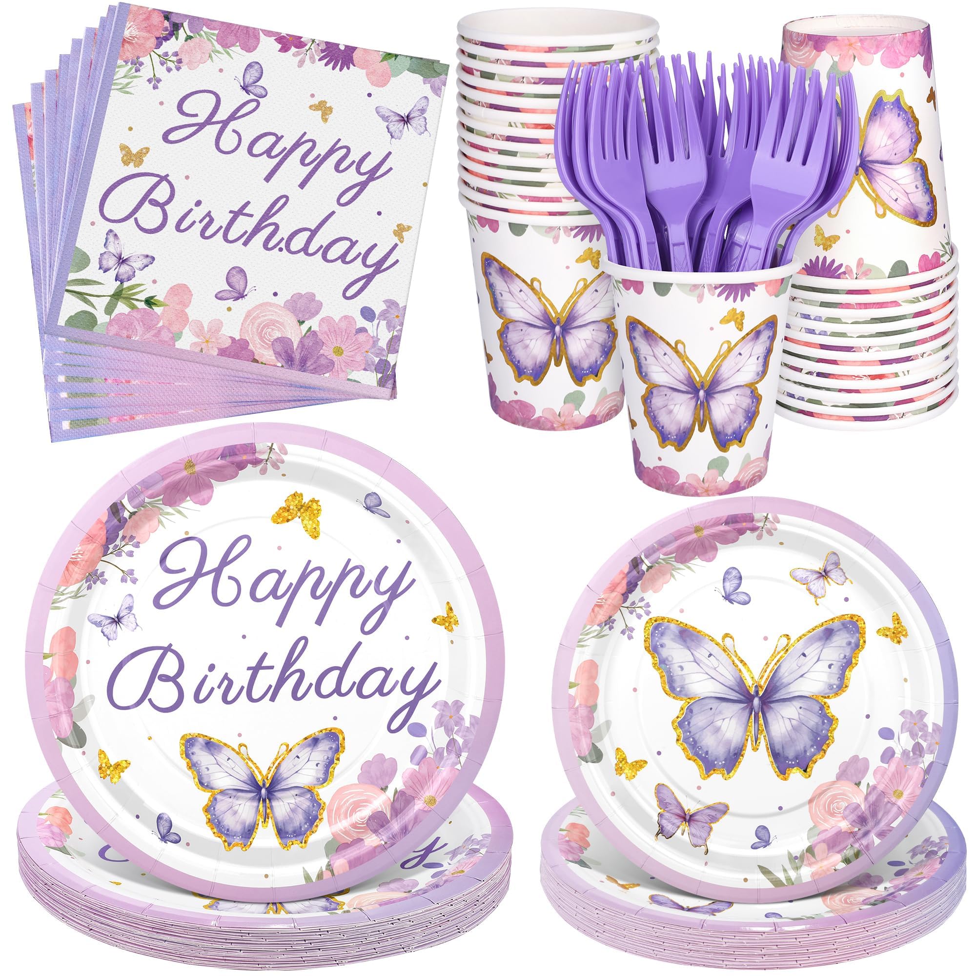 Kochorie 144 Pieces Butterfly Birthday Party Supplies Including Disposable Paper Plates Napkins Cups Forks Serves 24 for Baby Shower Girls Animal