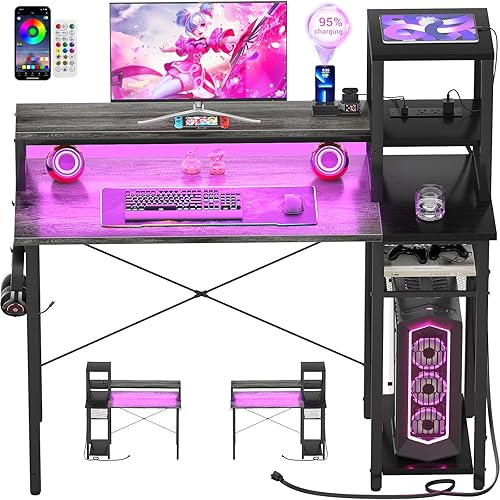armocity Escritorio para juegos actualizado 2024 con luces LED, escritorio pequeño para computadora con soporte largo para monitor, mesa reversible