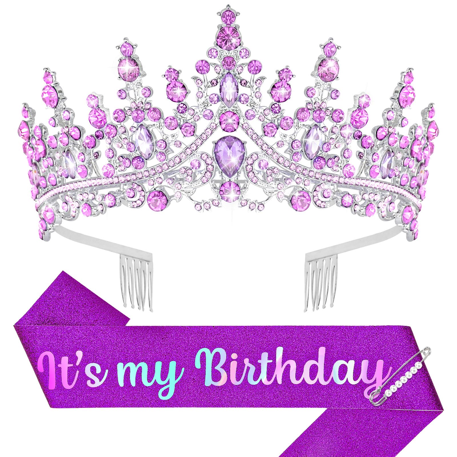 Araluky Birthday Crown & Tiara for Women - Glitter Sash for Parties & Decorations