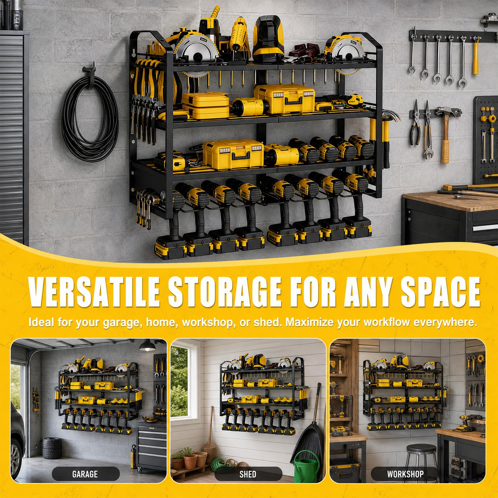 Supporto da parete a 4 livelli, organizer per utensili elettrici, trapani a batteria, robusto portautensili in metallo, 83,5 x 42 x 20 cm, nero, per garage, officina, cantina