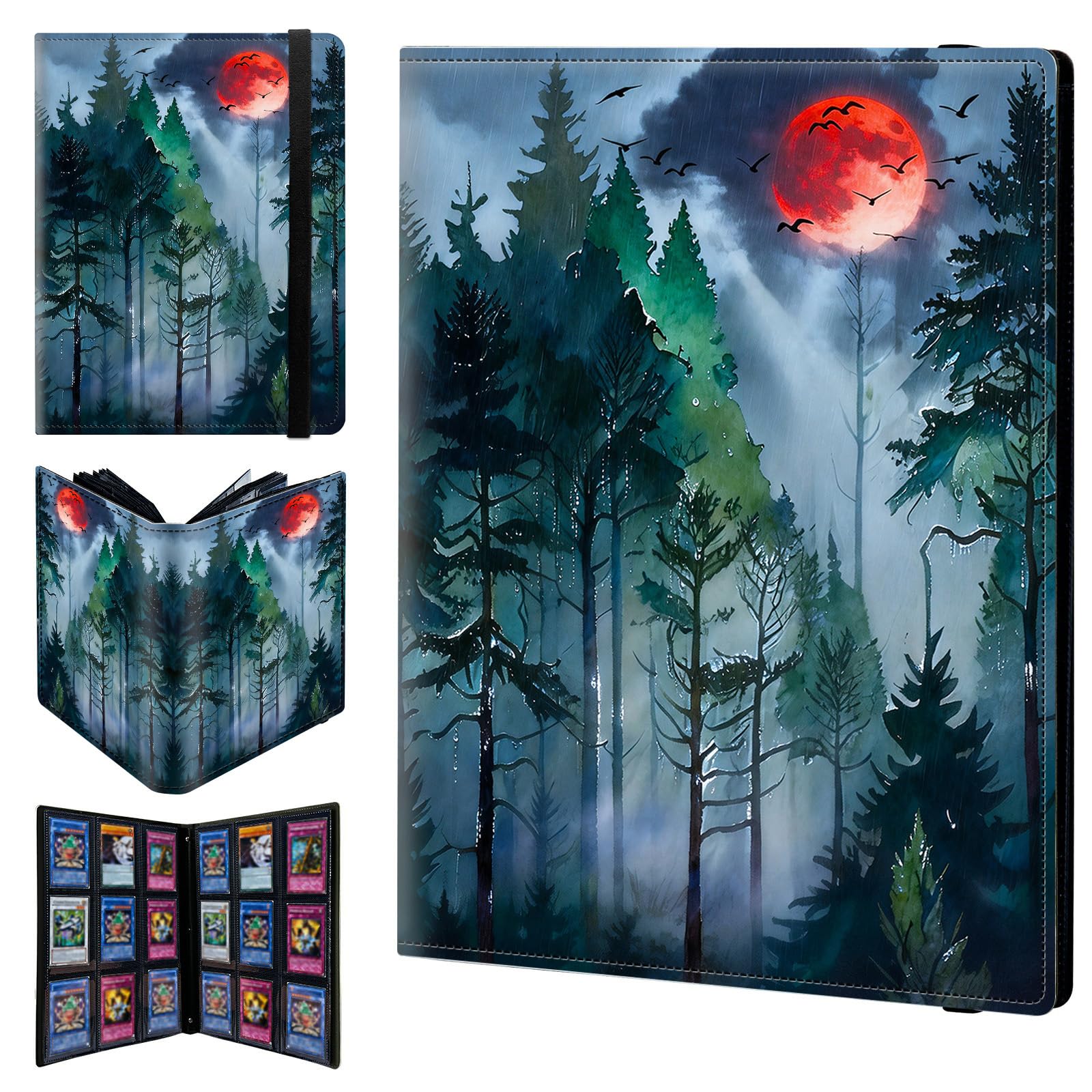 9 Pocket Trading Card Binder 900 Side Loading Pocket Album with Watercolor Green Forest Pattern Design Card Binder for Sports Cards & Game Cards