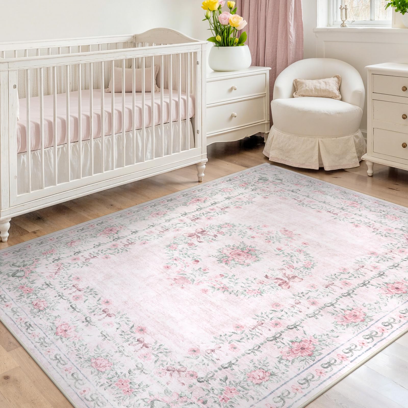 Wonnitar Floral Bow Pink Rug for Bedroom, Washable 5x7 Area Rug for Girls  Nursery, Ultra-Thin Non Slip Soft Boho Carpet for Kids Room Dorm Living Room