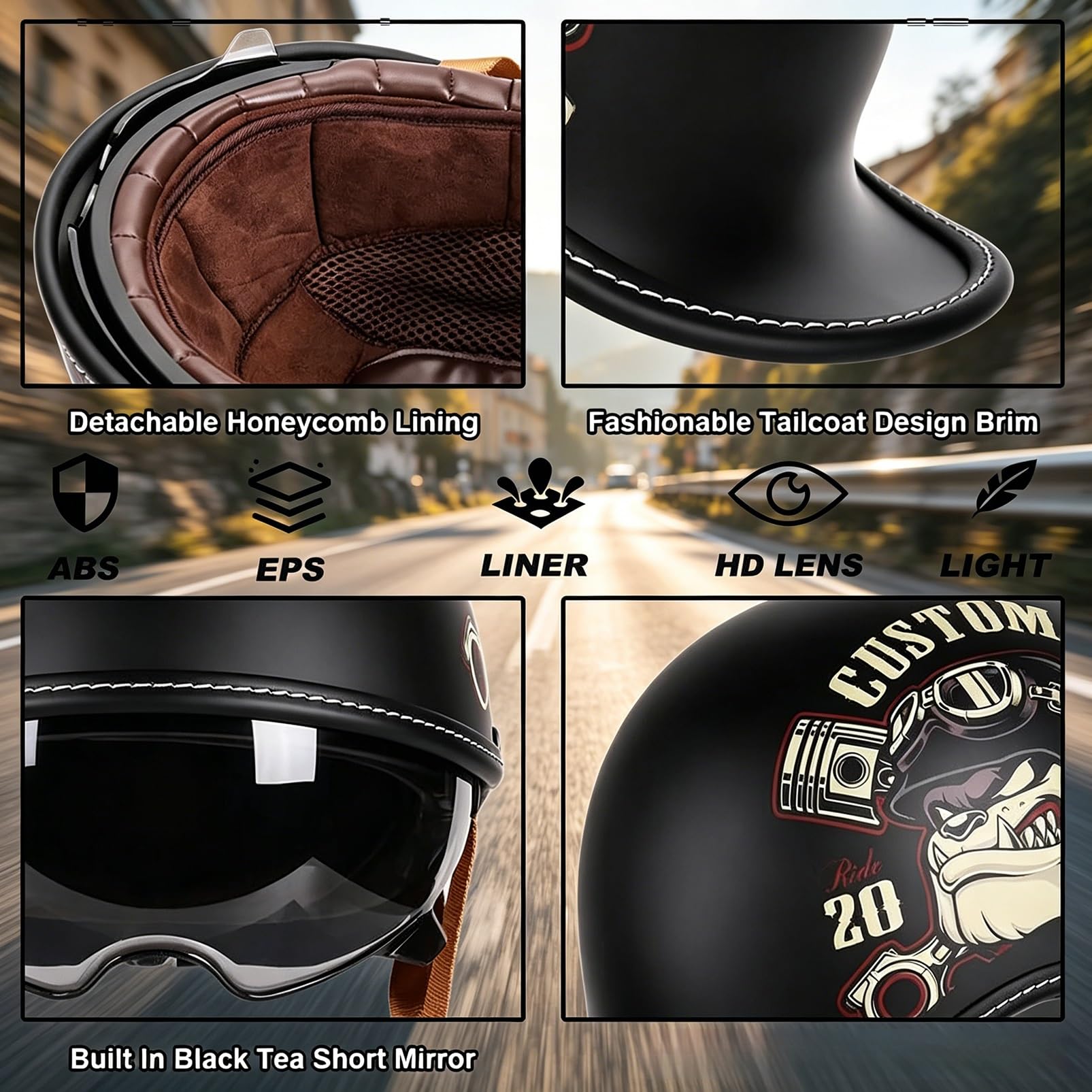 Kask Motocyklowy Jet z Homologacją ECE R22.06 i DOT, Styl Retro Niemiecki Ultra-Lekki z Blendą Przeciwsłoneczną, Legalny na Drogi dla Skutera Mopeda, Maska w Zestawie