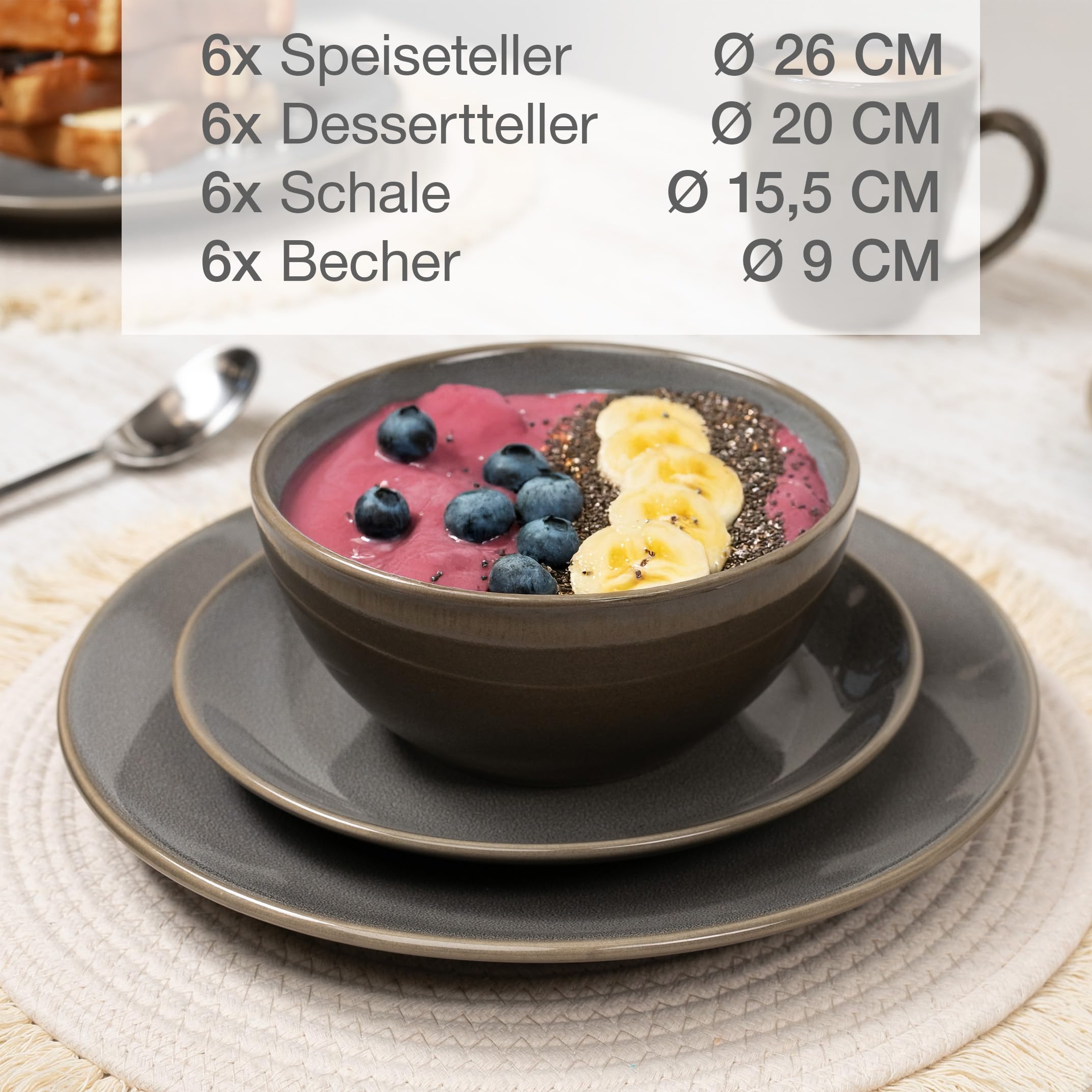 Moritz & Moritz SENSE 24-tlg. Geschirrset 6 Personen Grau Steinzeug Spülmaschinenfest Mikrowellenfest