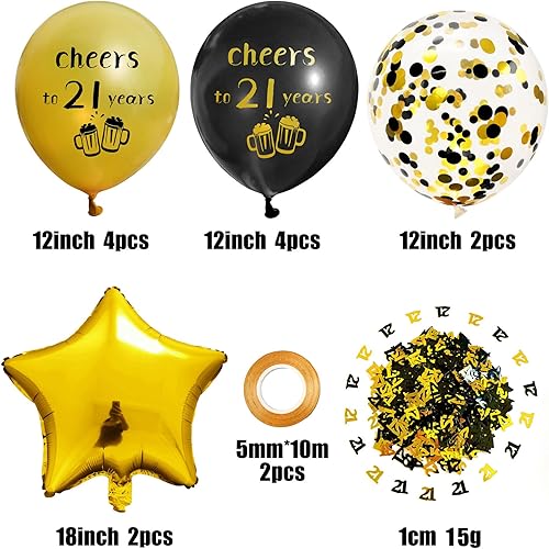 Miniatura 3 de SHUNTAI Globos de felicitación a 21 años, decoraciones de cumpleaños negros y dorados, globos de látex de confeti dorado para él y ella, decoración