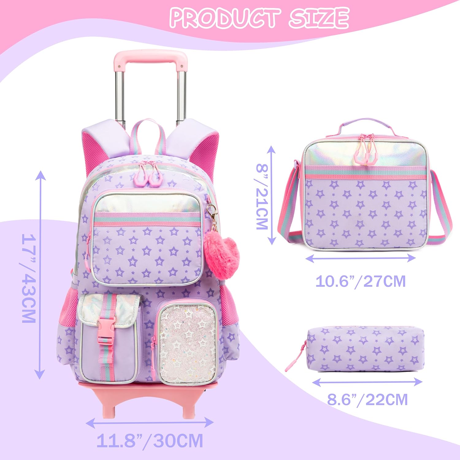 Backpack with Wheels for Girls Rolling Backpack with Lunch Box Pencil Case for Kids Carry On Suitcase with Wheels for Elementary Teens Girls