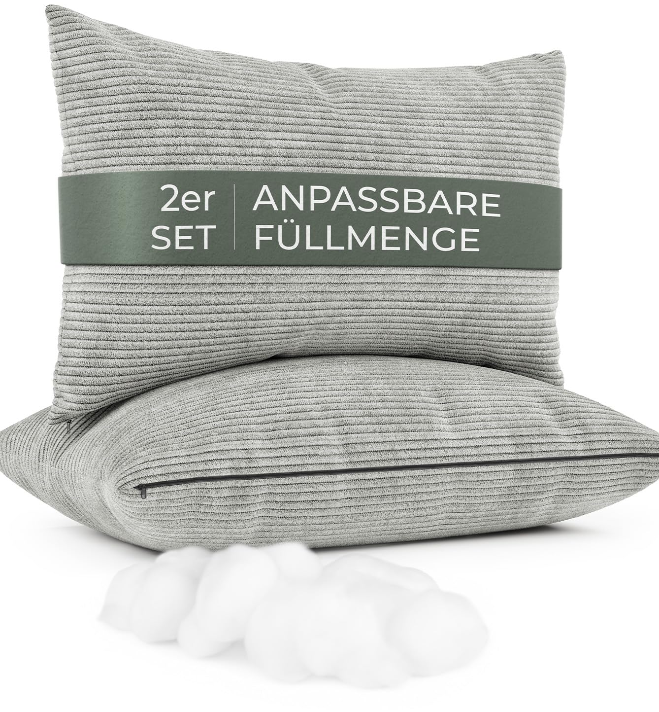 Sofakissen mit Füllung und Bezug 2er Set [extra bauschig] Cord Couchkissen groß 40x60 cm mit regulierbarer Dicke, Zierkissen Kord Bezug, Dekokissen für Sofa und Couch, hellgrau, Kordsamt Kissenbezug