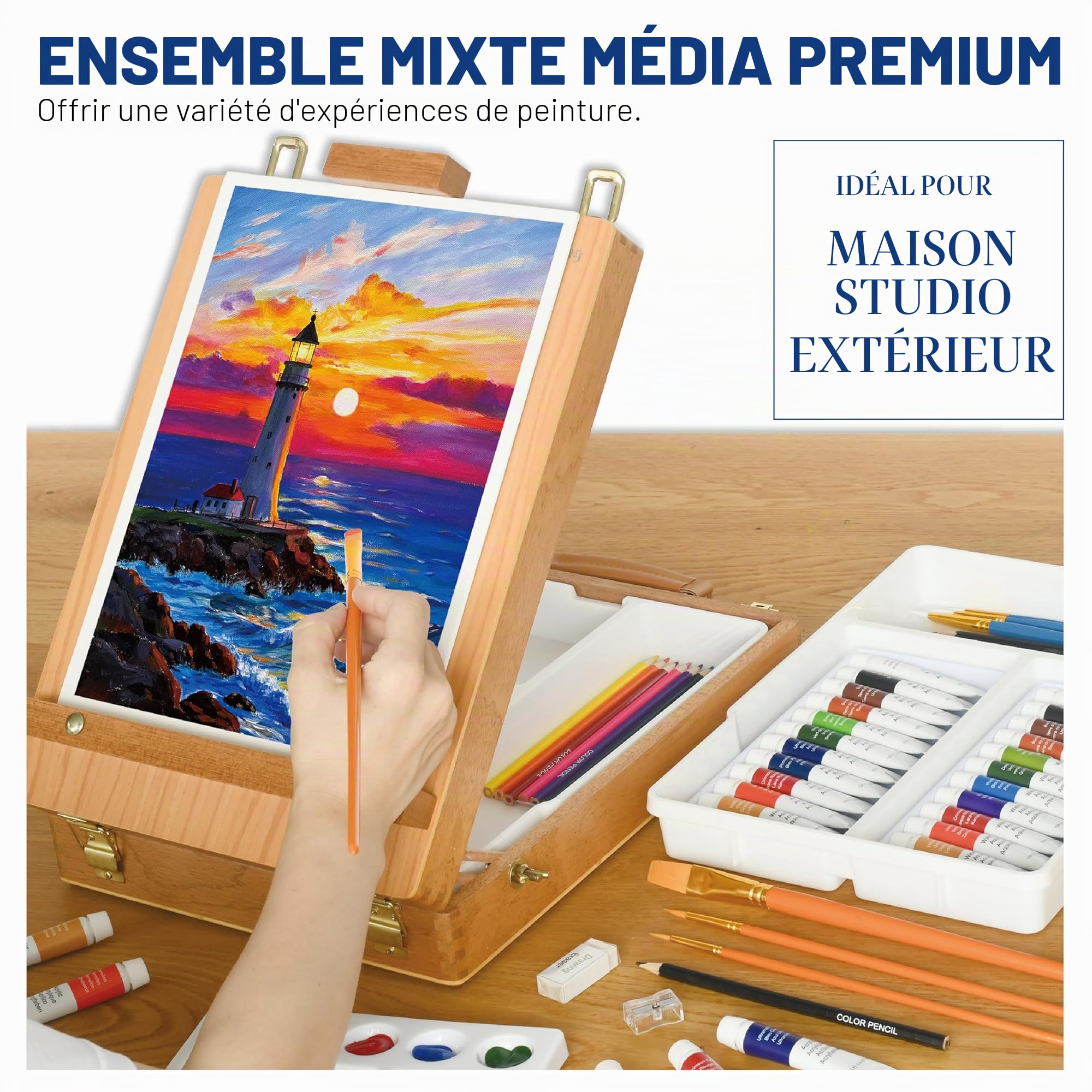 Ensemble d'art Mixte avec Chevalet, Coffret Complet Peinture