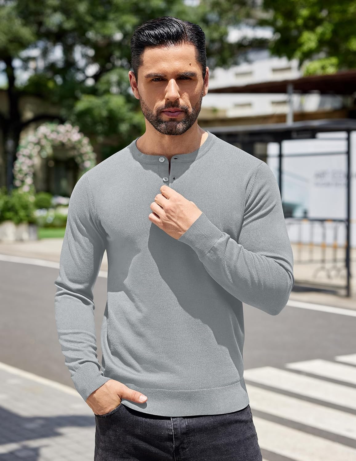 COOFANDY Mens Knit Henley T-Shirts Dress Long Sleeve Sweater Casual Collarless Quarter Button Pullover - Image 3