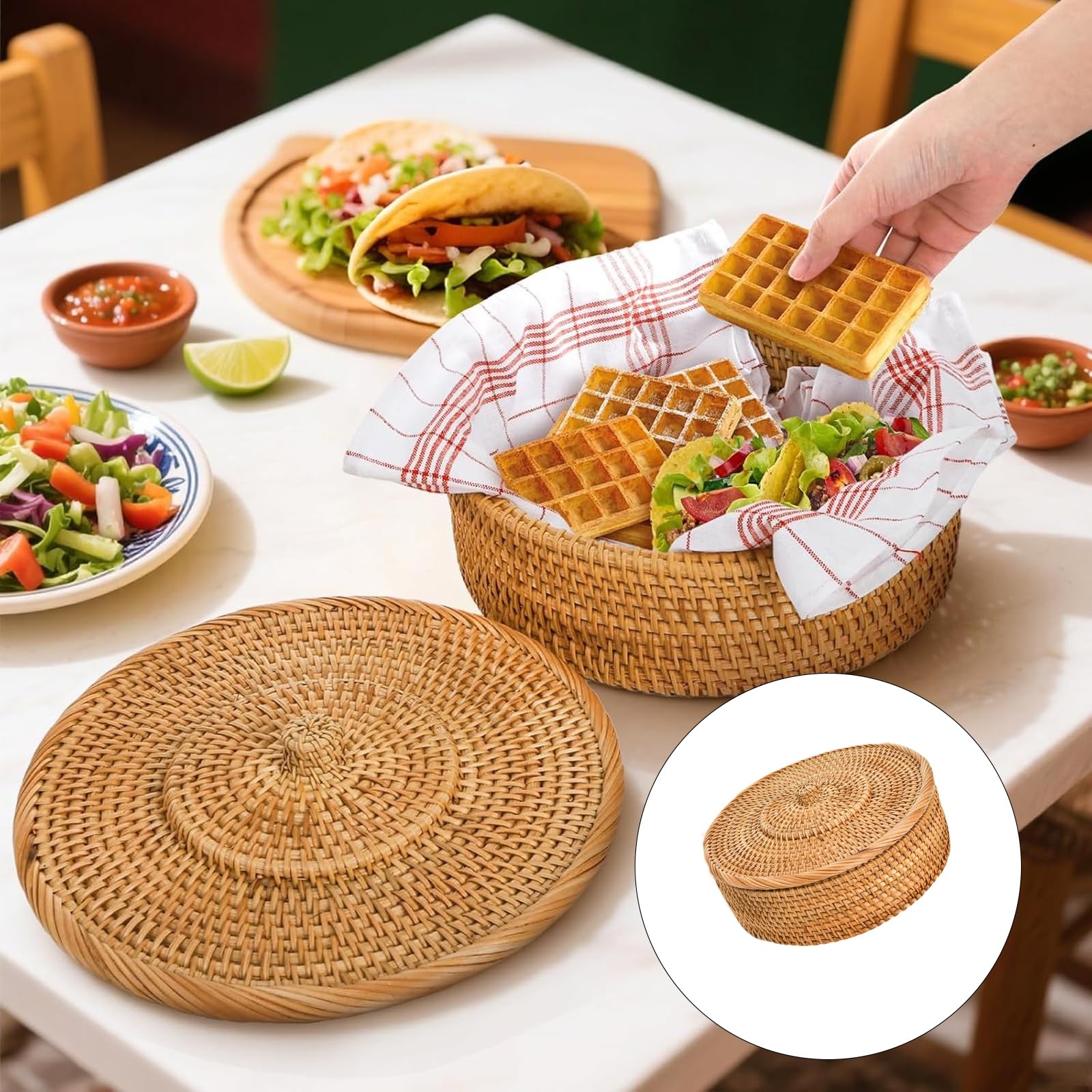 Cesta de Almacenamiento de Pan de ratán Tejida a Mano con Forro de algodón Transpirable de 10, 2 Pulgadas para gofres y panqueques Cesta Decorativa de Almacenamiento de refrigerios