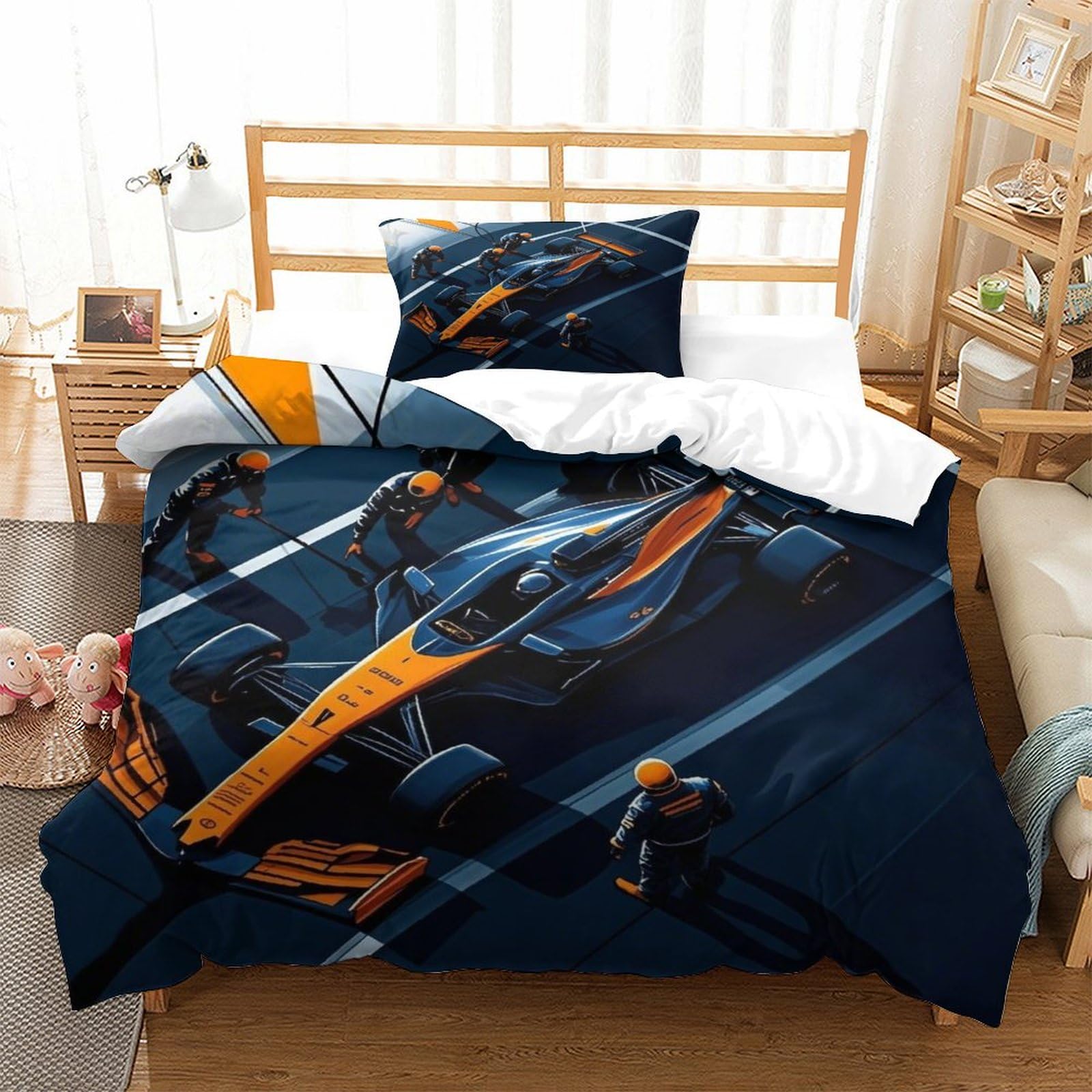 XiaopangXY Formula Racing Breathable Bedding Set Hidden Zipper Racing Car Duvet Cover Set with Pillowcases Quilt Cover Set Soft Microfiber 3D Printing Comforter Cover Single（135x200cm）