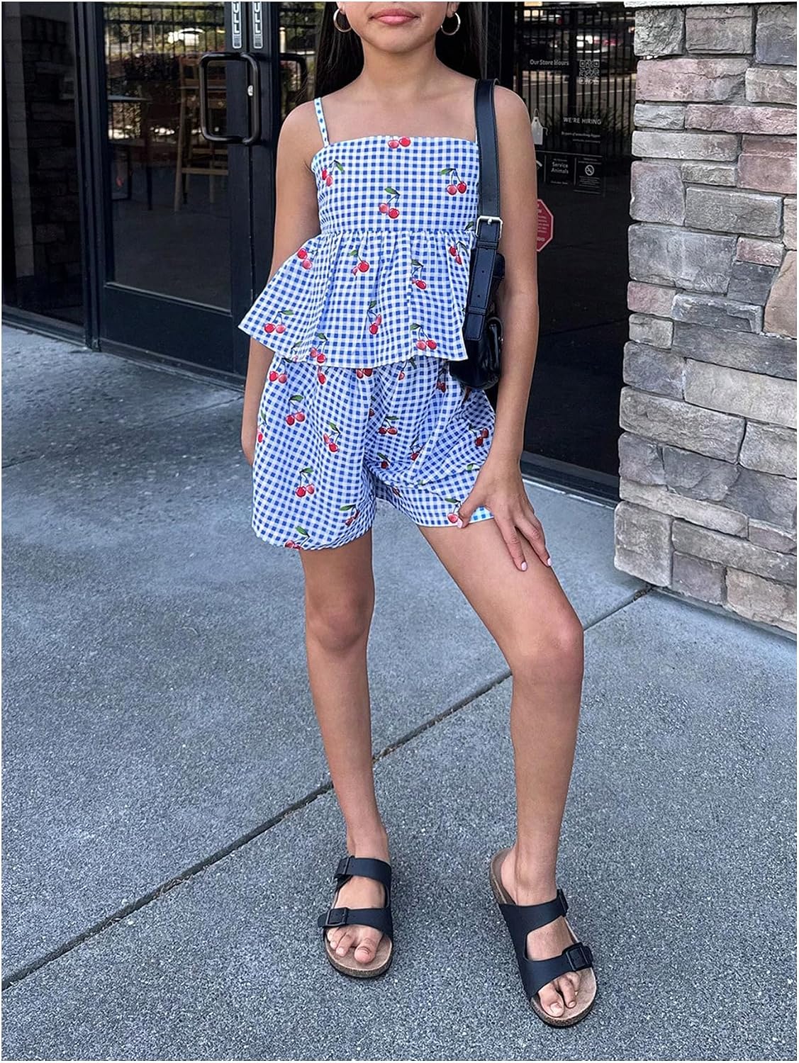 SHENHE Girl's 2 Piece Summer Outfits Gingham Cherry Print Ruffle Cami Babydoll Top and Shorts Set