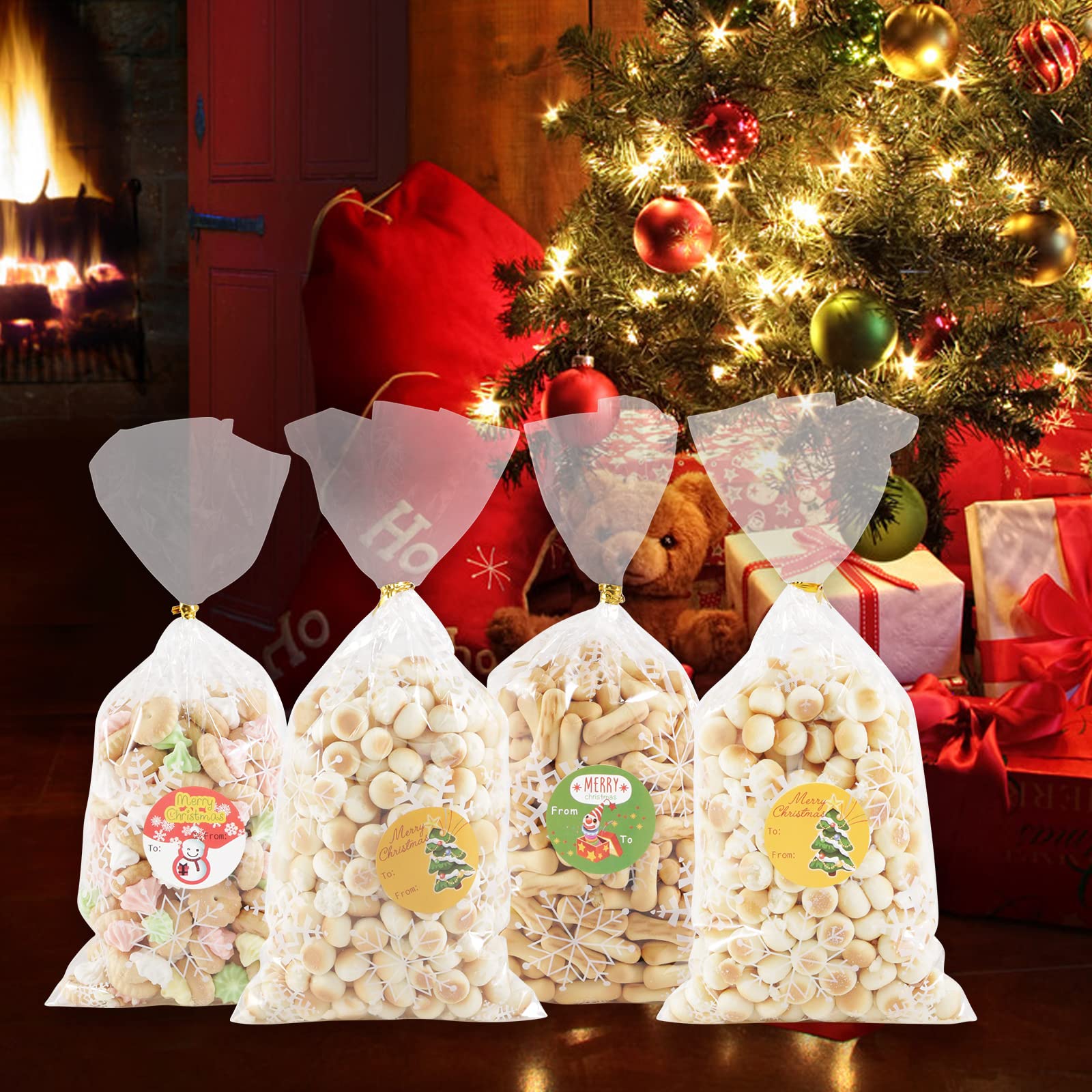 YSUVIN 100 Weihnachtstüten Set - Cellophantüten Mit Schneeflocken & Sternen Für Plätzchen & Süßigkeiten