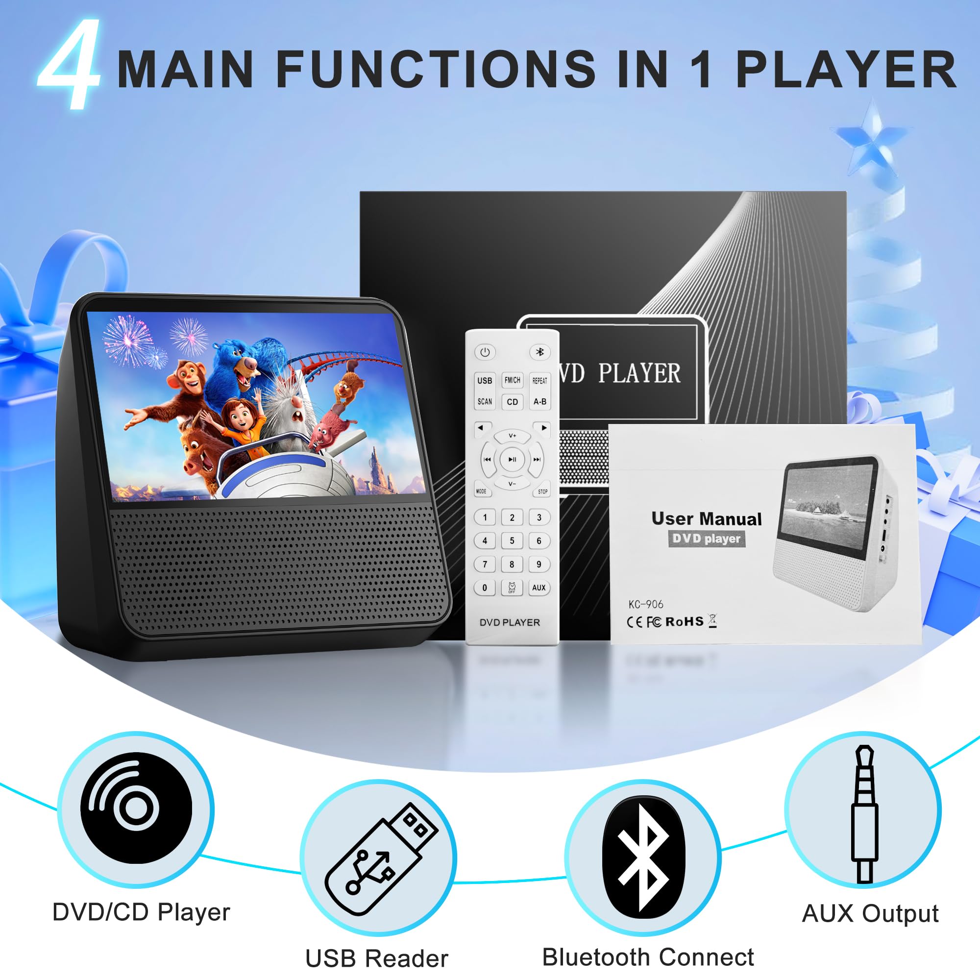 Lecteur DVD Portable Rechargeable 4000mAh, écran HD 9,8", Toutes Zones Libres, Compatible DVD/CD/Bluetooth/AUX/RCA/USB