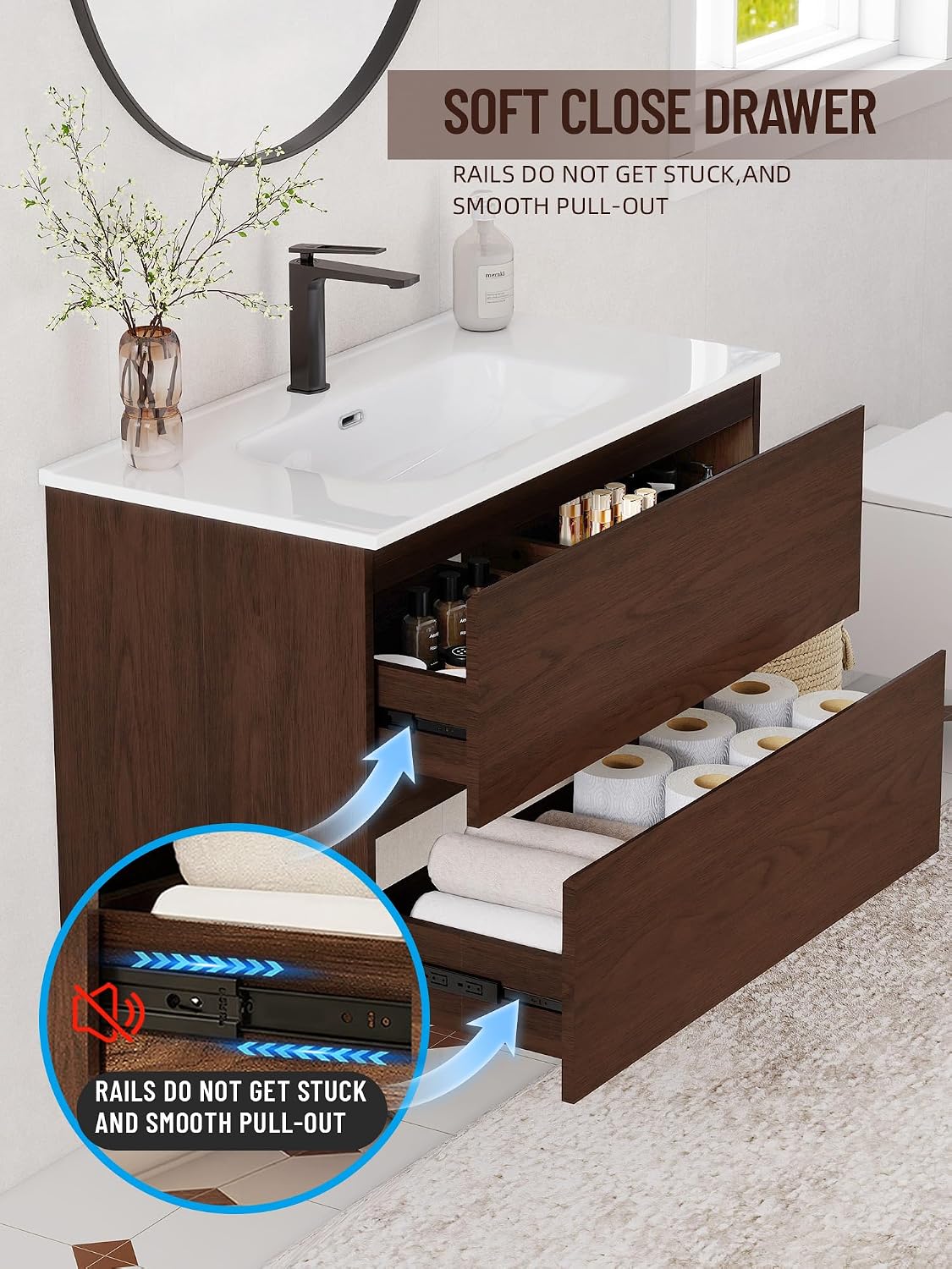 Floating Bathroom Vanity with Ceramic Sink, Wall Mounted Bathroom Vanity Cabinet, Double Doors with Adjustable Shelf Multi-Layer Solid Wood vanities for Bathroom (Dark Walnut, 36 Inch)