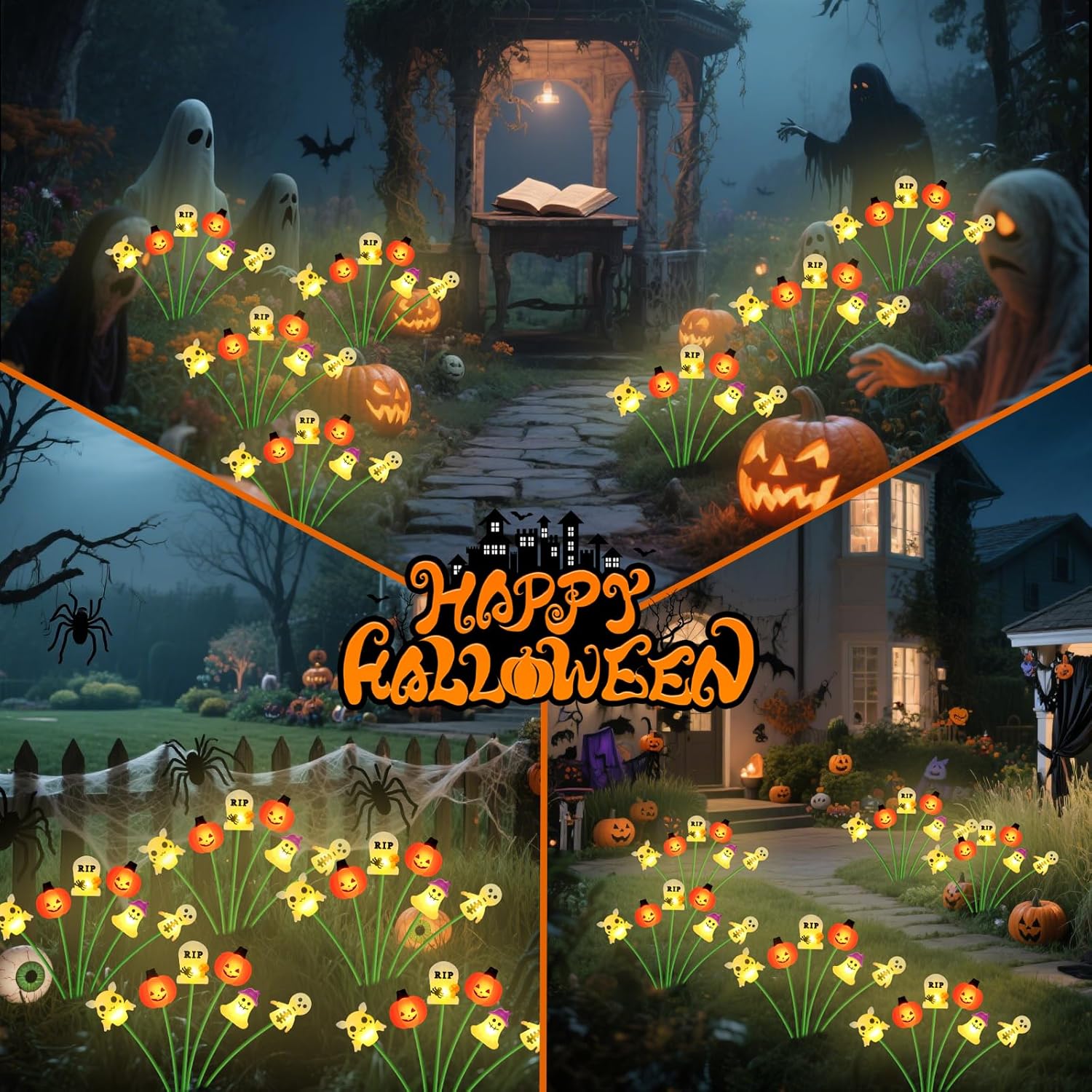 4 Pack Solar Garden Lights Outdoor, Cute Ghost Pumpkin Decorative Yard Lights Waterproof, Auto On/Off LED Pathway Lights for Lawn Patio Backyard Decor