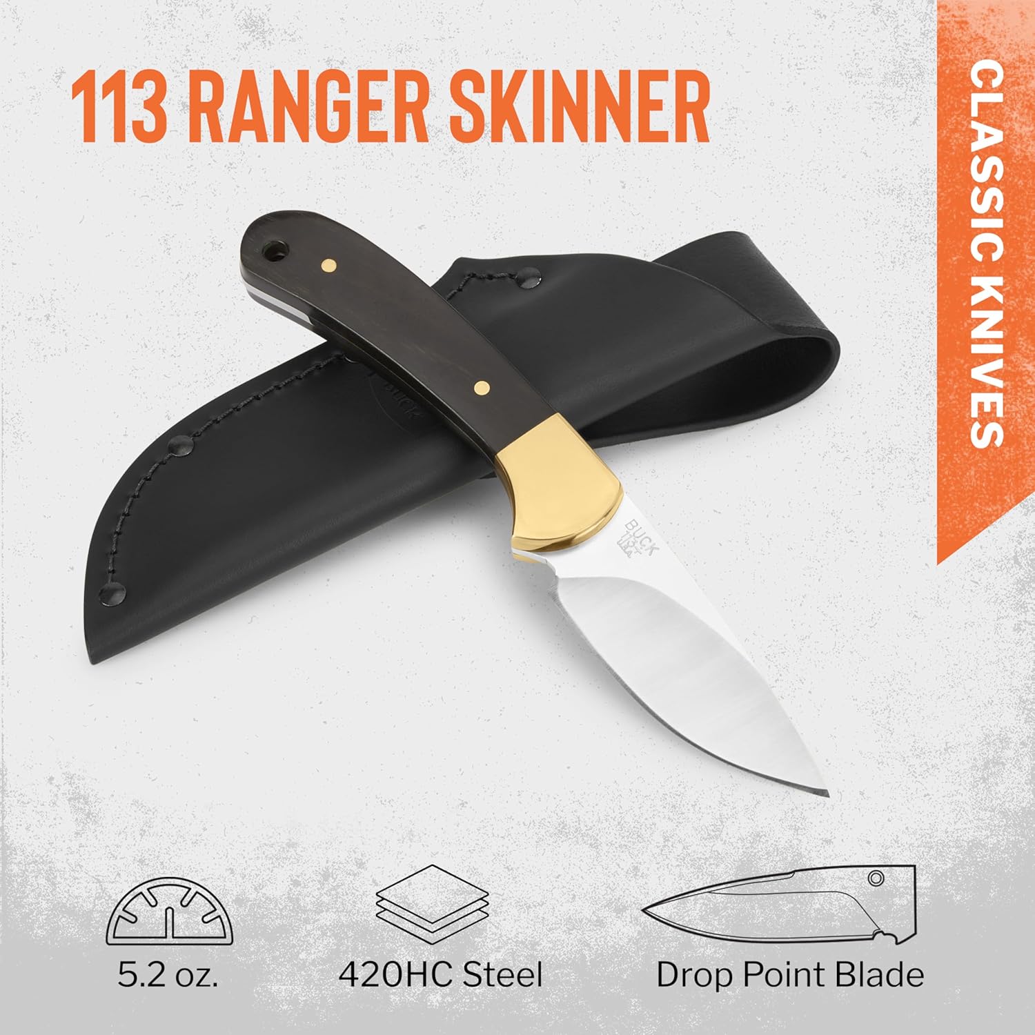 Buck Knives 113 Ranger Skinner Hunting Knife, 3-1/8" Fixed Blade, Ebony Handle, 420HC Stainless Steel Skinner Blade, Sheath Included, Knife Made in the USA, 5.2 oz