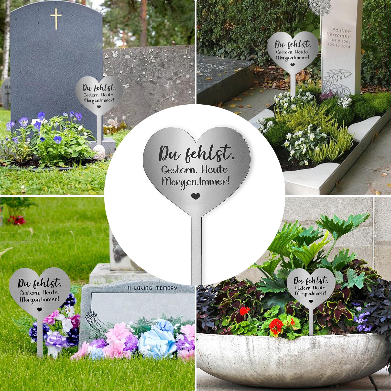 Com-Four® Decorazione funebre a Forma di Cuore, Decorazione funebre Resistente alle intemperie con Farfalle, Pietra di lutto Decorata con Dicton commemorativo