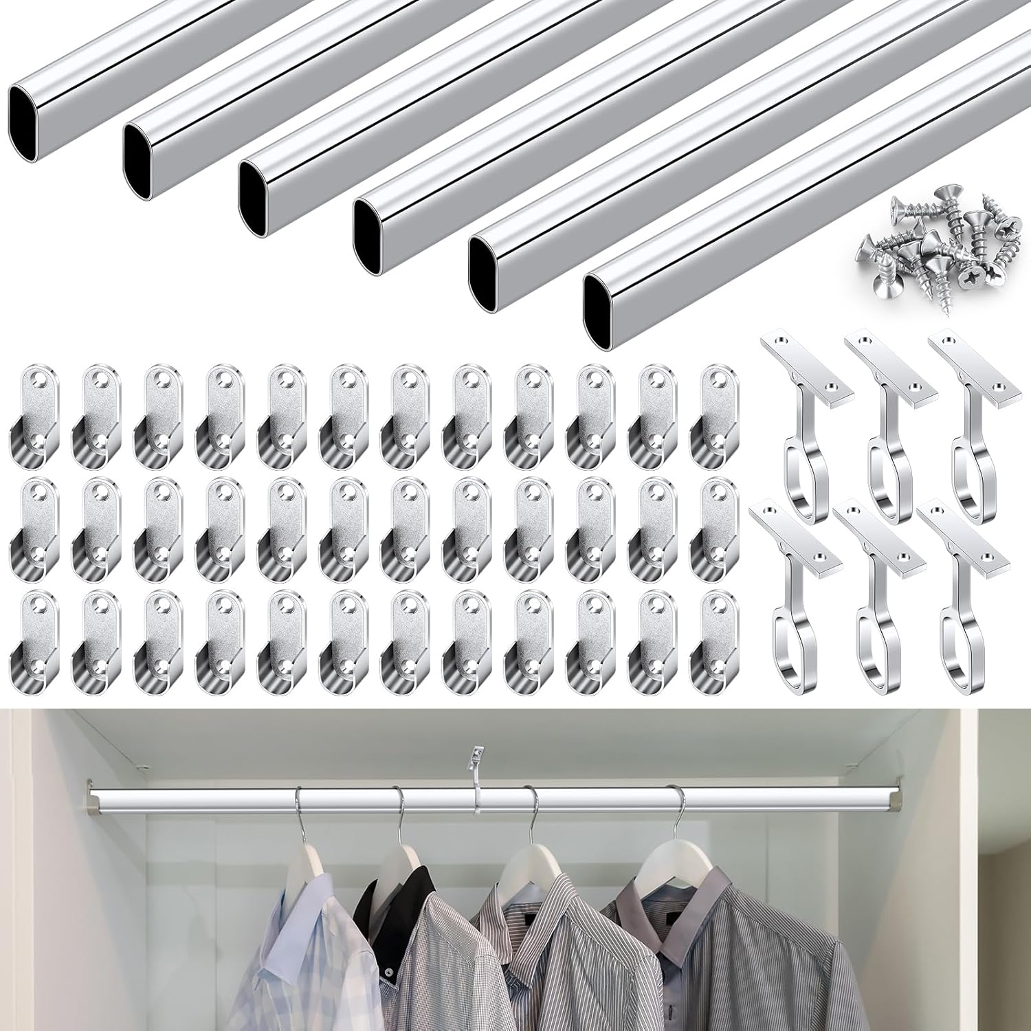 Tandefio 92 Inch Chrome Oval Closet Rod with 6 End Supports - Anti-Slip, Waterproof for Closets, Laundry & Showers (Silver, 6 Sets)
