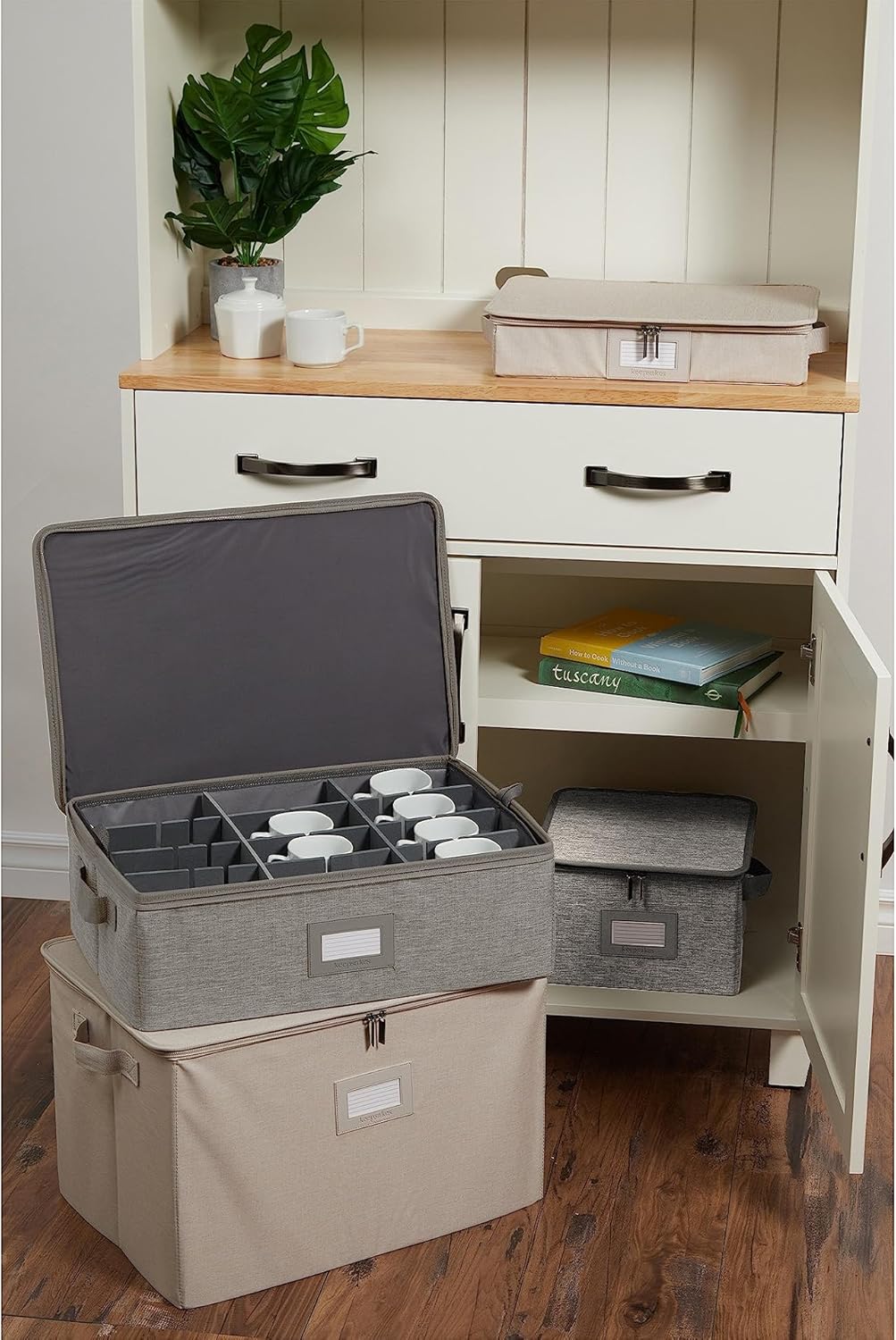 Covermates Cup and Mug Storage Box with FlexGrid Dividers, Stackable Organizer for Coffee Mugs & China Cups, Heavy-Duty Polyester, Zipper Closure, Handles & ID Windo, Grey Heather