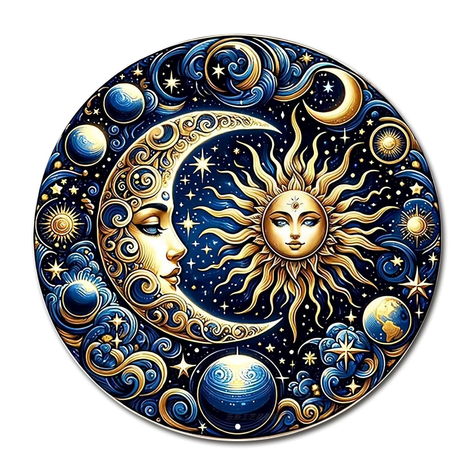 Vintage Sun Moon Garden Wall Sign, Blue & Yellow Metal Aluminum Hanging Plaque, Rust Proof Outdoor Wall Decor for Fence Patio Courtyard