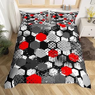 Manfei Honeycomb Duvet Cover Set Twin Size, Red Grey White Hexagon Comforter Cover with 1 Pillowcase, Abstract Geometric Bedding Set 2pcs for Kids Boys Girls Room Decor Lightweight Bedspread Cover