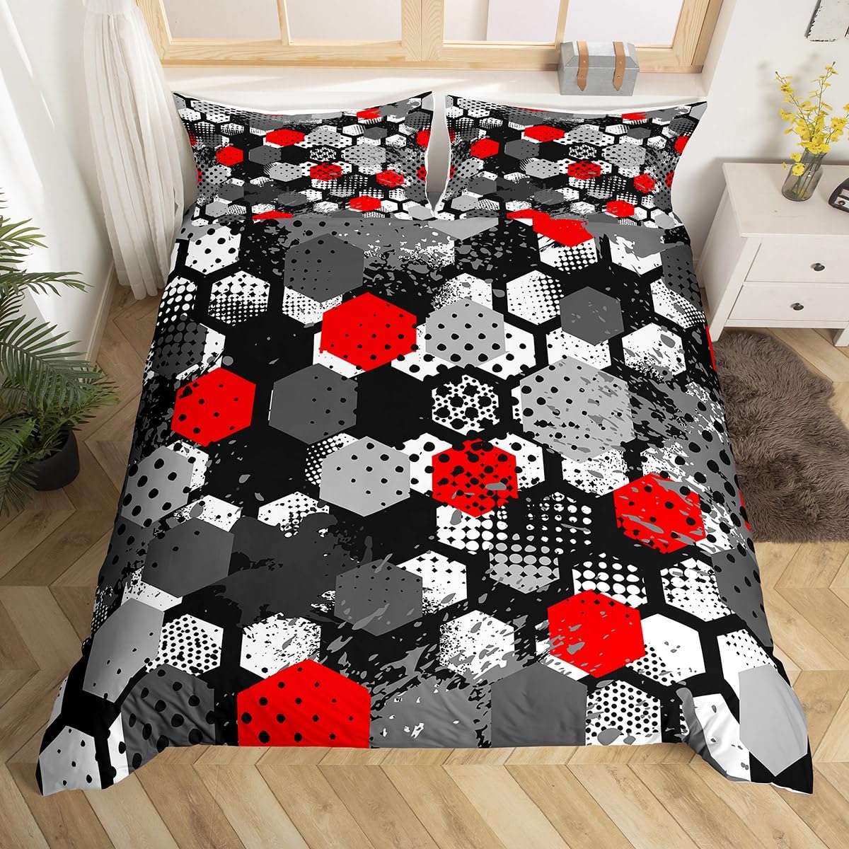 Manfei Honeycomb Duvet Cover Set Single Size, Red Grey White Hexagon Comforter Cover with 1 Pillowcase
