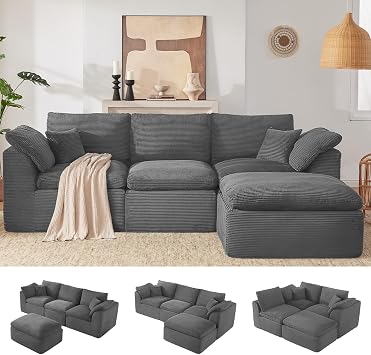 114" Cloud Sectional Couch, Boneless Couches for Living Room, Gray