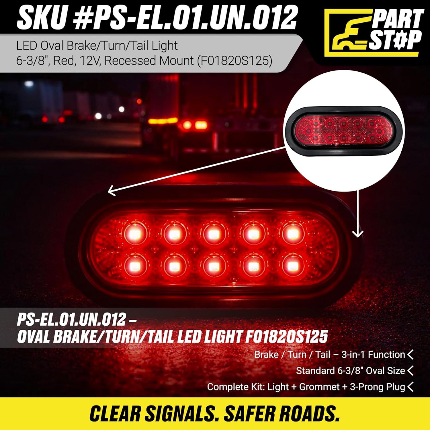 6-3/8" Oval Red Brake/Turn/Tail/Backup Light w/Grommet + Plug, 12V 12-LED, Submersible, Fits Universal 1993+ Truck & Trailer Applications - Replacement Part F01820S125