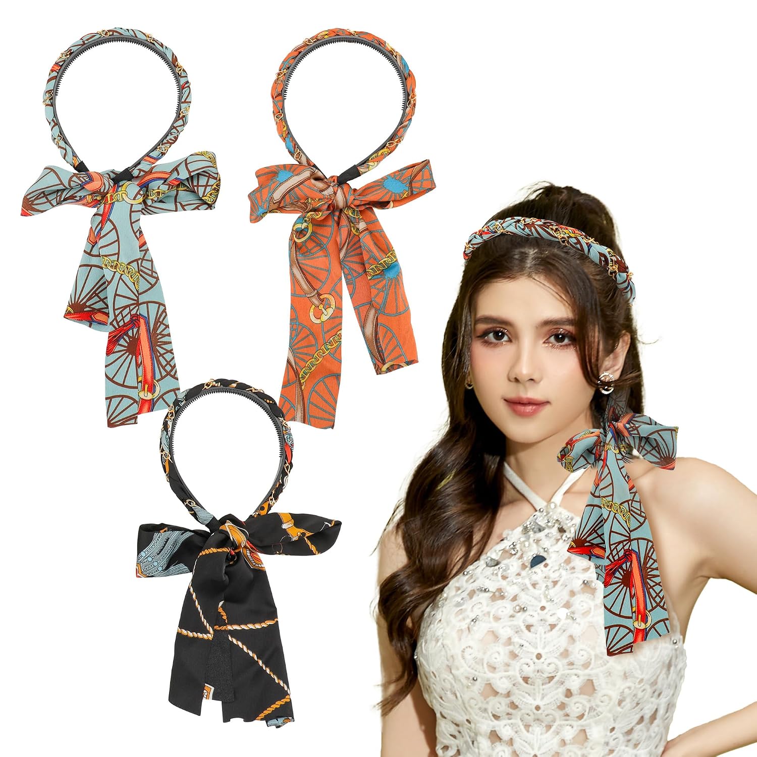 3 Pcs Knotted Headbands for Women - Adjustable Bow Hairband, Boho Fashion Hair Accessories, Criss Cross Non Slip Head Wraps for Women Girls (Orange, Black, Blue)