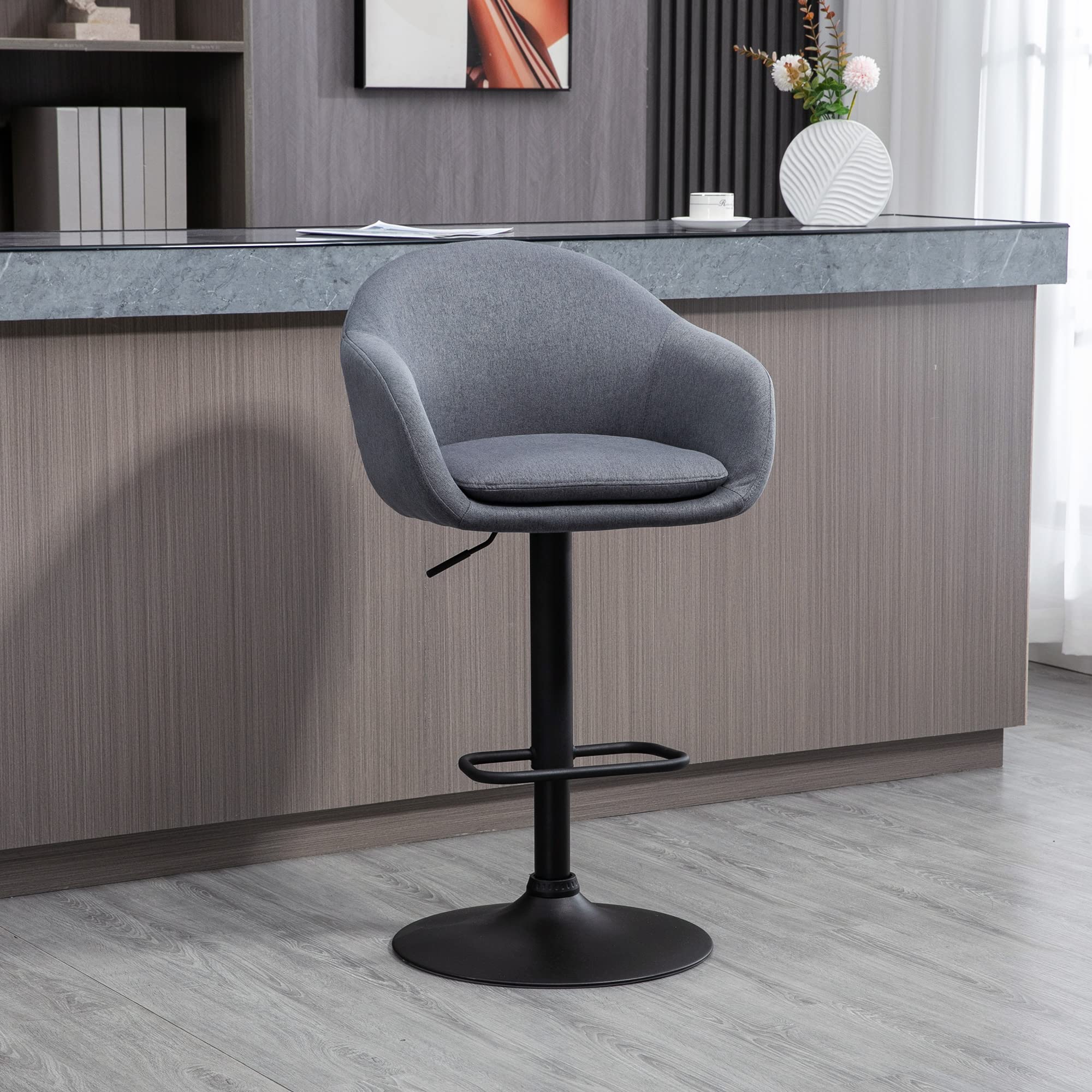 HOMCOM Taburete Alto de Cocina Pata de Acero 54x54x92-112 cm Gris Oscuro | Regulable en Altura, Taburete de Bar, Tapizado de Tela, Reposapiés, Carga 110 kg