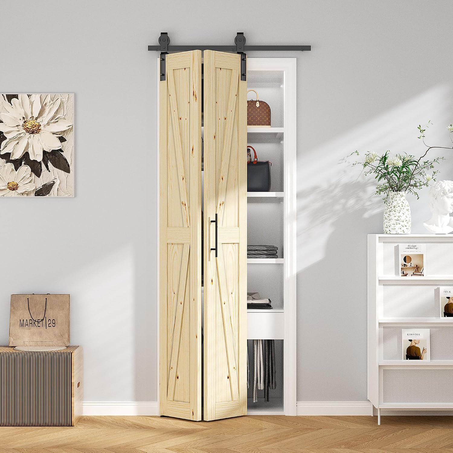 ROOMTEC 24"x84" Solid Pine Bi-Fold Closet Doors - Pre-Assembled Heavy Duty, Without Hardware, Natural Wood for Bedroom/Wardrobe