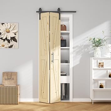 ROOMTEC 24"*84" Bifold Barn Door,Bi-Fold Sliding Closet Doors,Pine,No Assembly Required