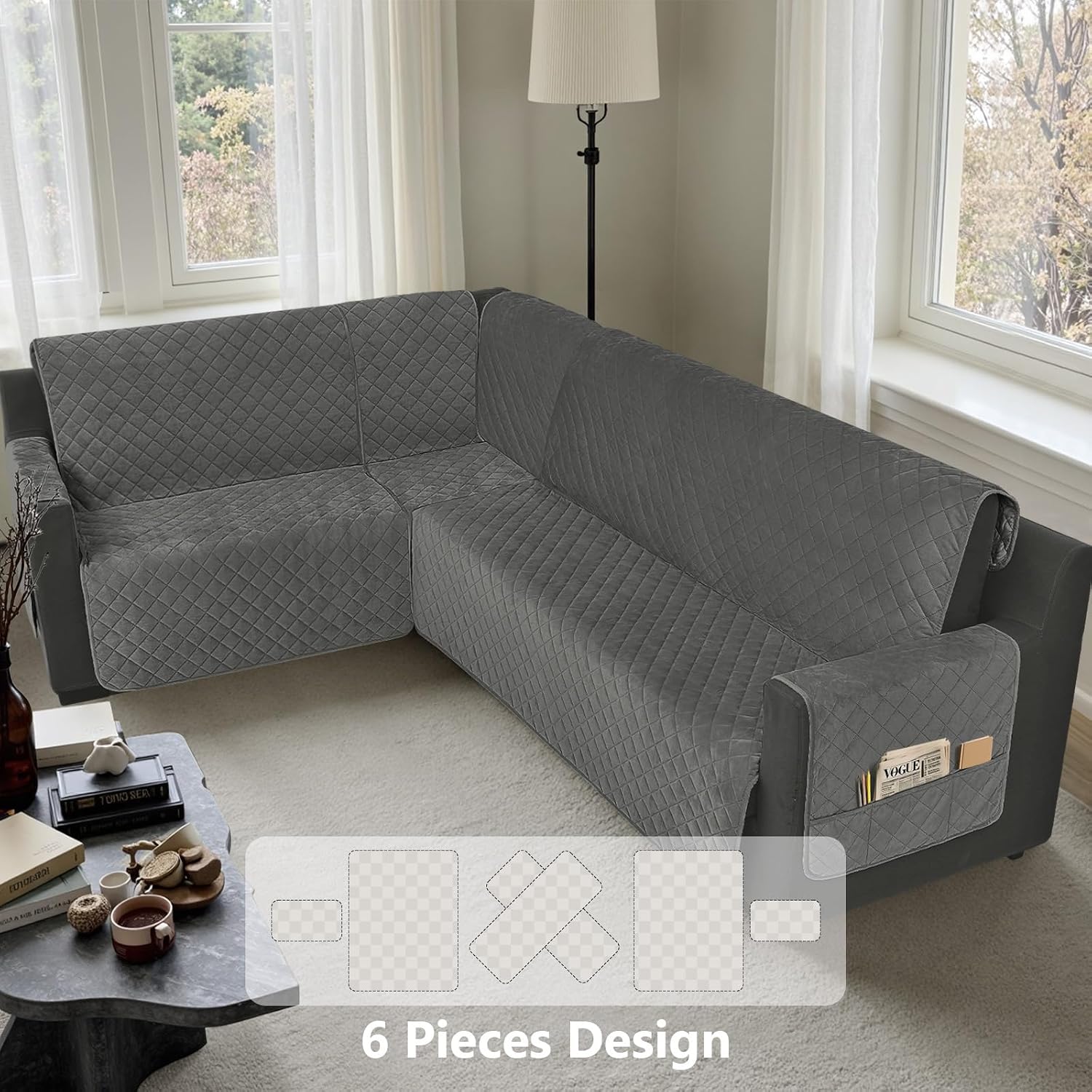 U Shaped Sectional Couch Covers for L Shaped Corner Sofa Waterproof 6 Piece Washable Sectional Sofa Cover Non Slip Velvet Couch Slipcover Protector for Dogs Pets (X-Large, Dark Gray)
