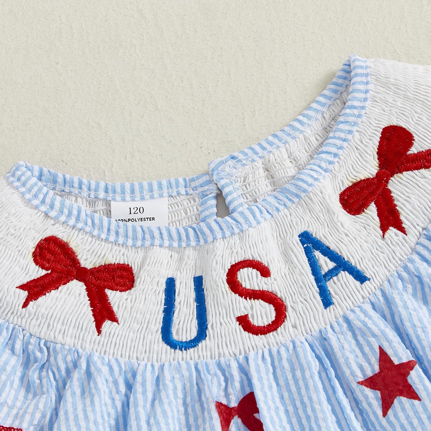 Toddler Baby Girl 4th of July Smocked Dress USA Bow Embroidered Sleeveless Dresses Kids Fourth of July Clothes - Image 4
