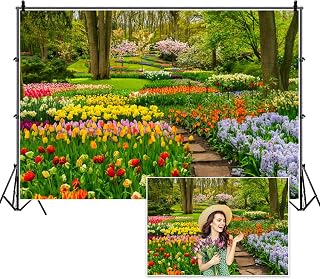 7x5ft Spring Forest Park Photography Backdrop Blooming Tulip Flowers Jungle Garden Background Children Spring Outdoor Outing Art Portraits Photo Studio Props Vinyl Wallpaper