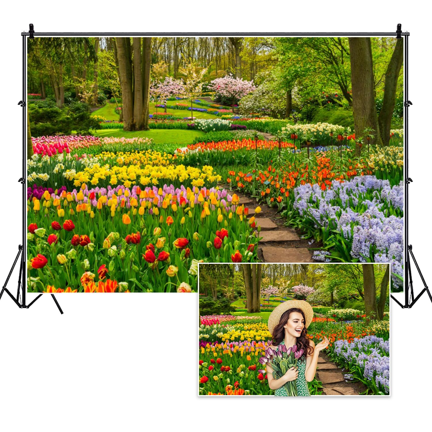 DORCEV 9x6ft Spring Forest Park Photography Backdrop Blooming Tulip Flowers Jungle Garden Background Children Spring Outdoor Outing Art Portraits Photo Studio Props Vinyl Wallpaper