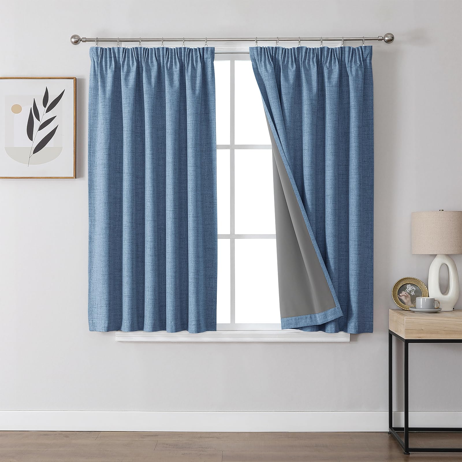 Joydeco 100% Blackout Curtains Bedroom 66 x 54 Inch Drop, Faux Linen Pencil Pleat Thermal Insulated Drapes with Coating Back Layers for Room Darkening Privacy Protection, 2 Panels, Light Blue — image 1