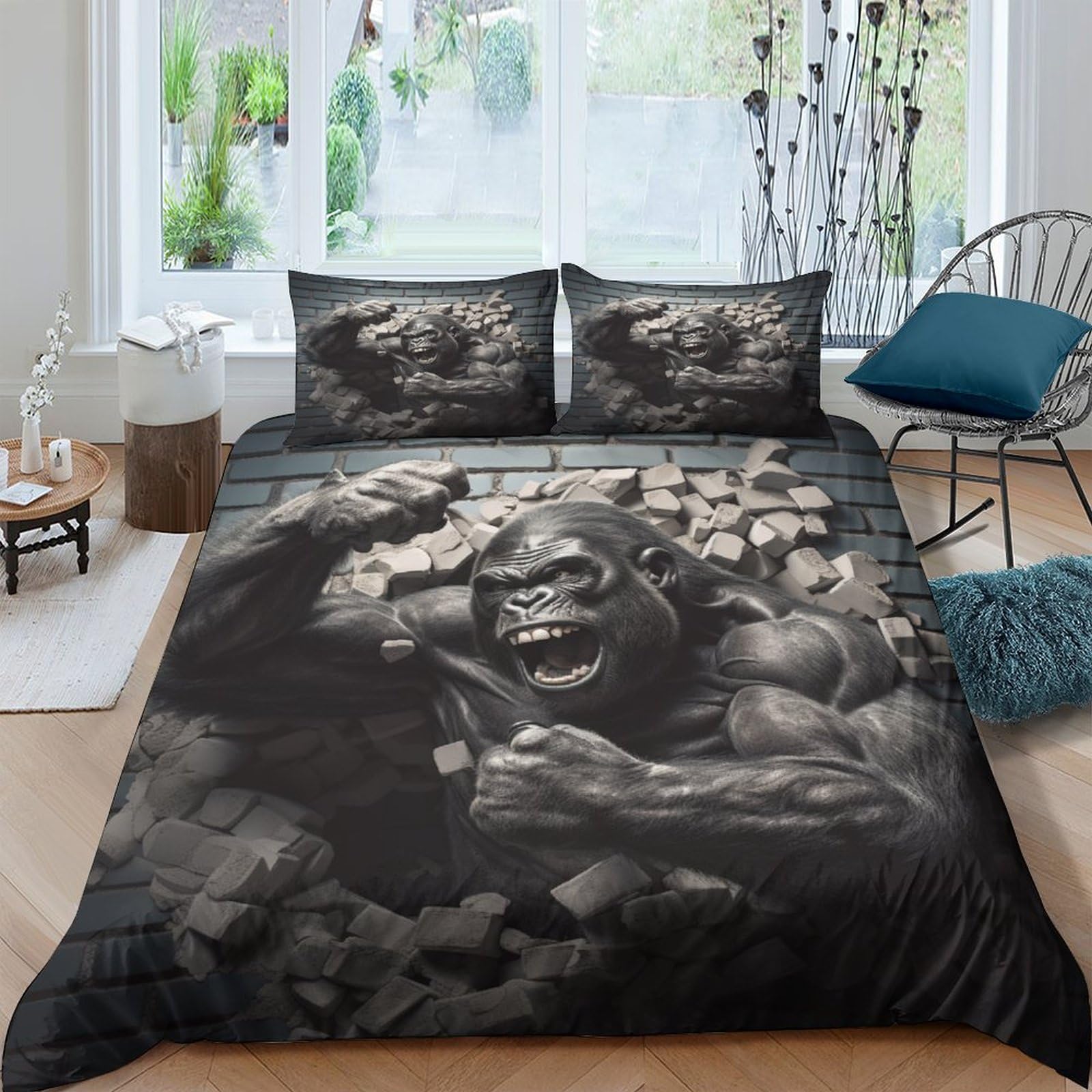 Housse de couette Gorille 3D parure de lit microfibre animal sauvage King 220x240cm taies