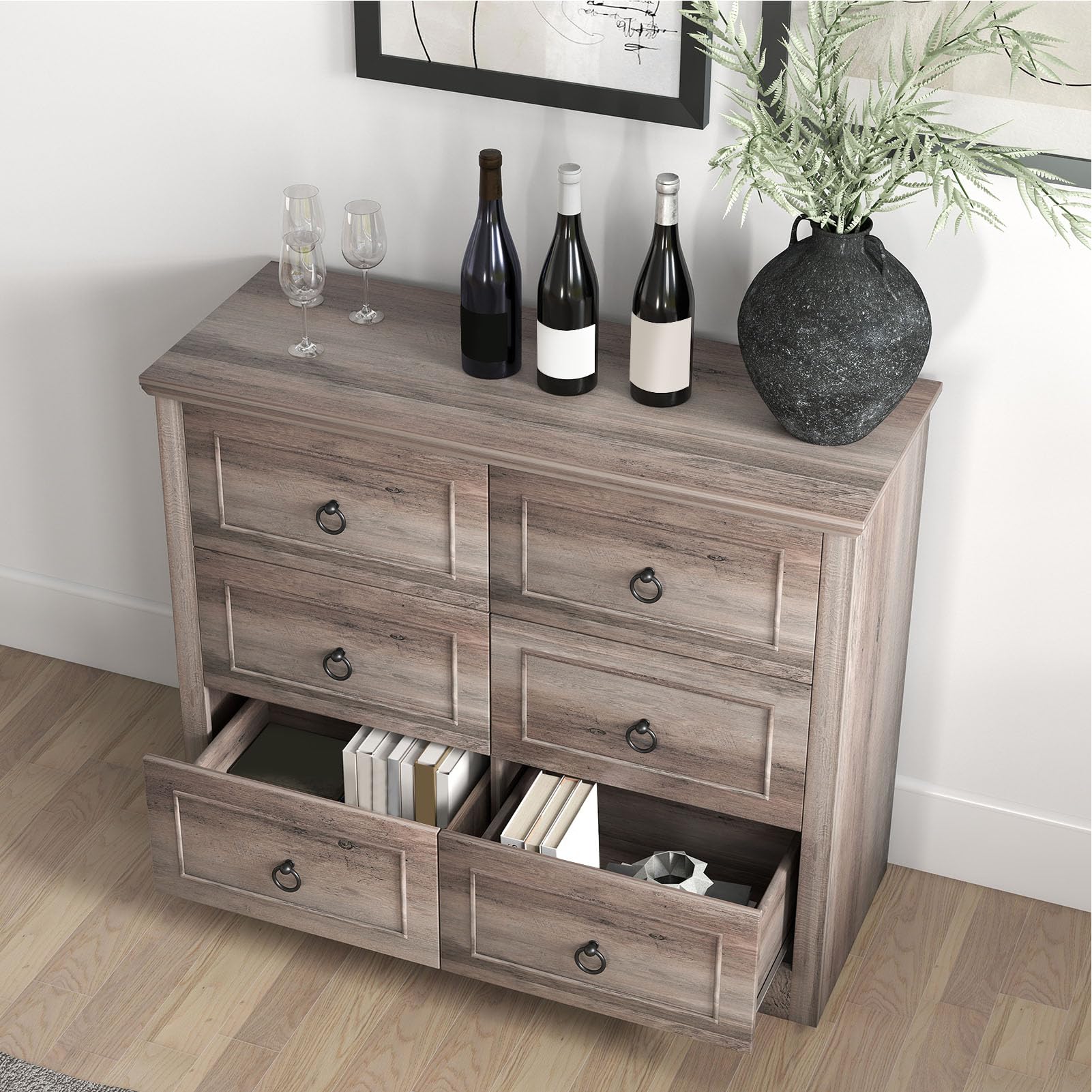 Comò con 6 Schubladen, Commode Holz, Schubladenschrank 102x40x85cm, Komodenschrank con Griffen und Kippsicherung, Cassettiera, Commode Grau per Schlafzimmer, Wohnzimmer