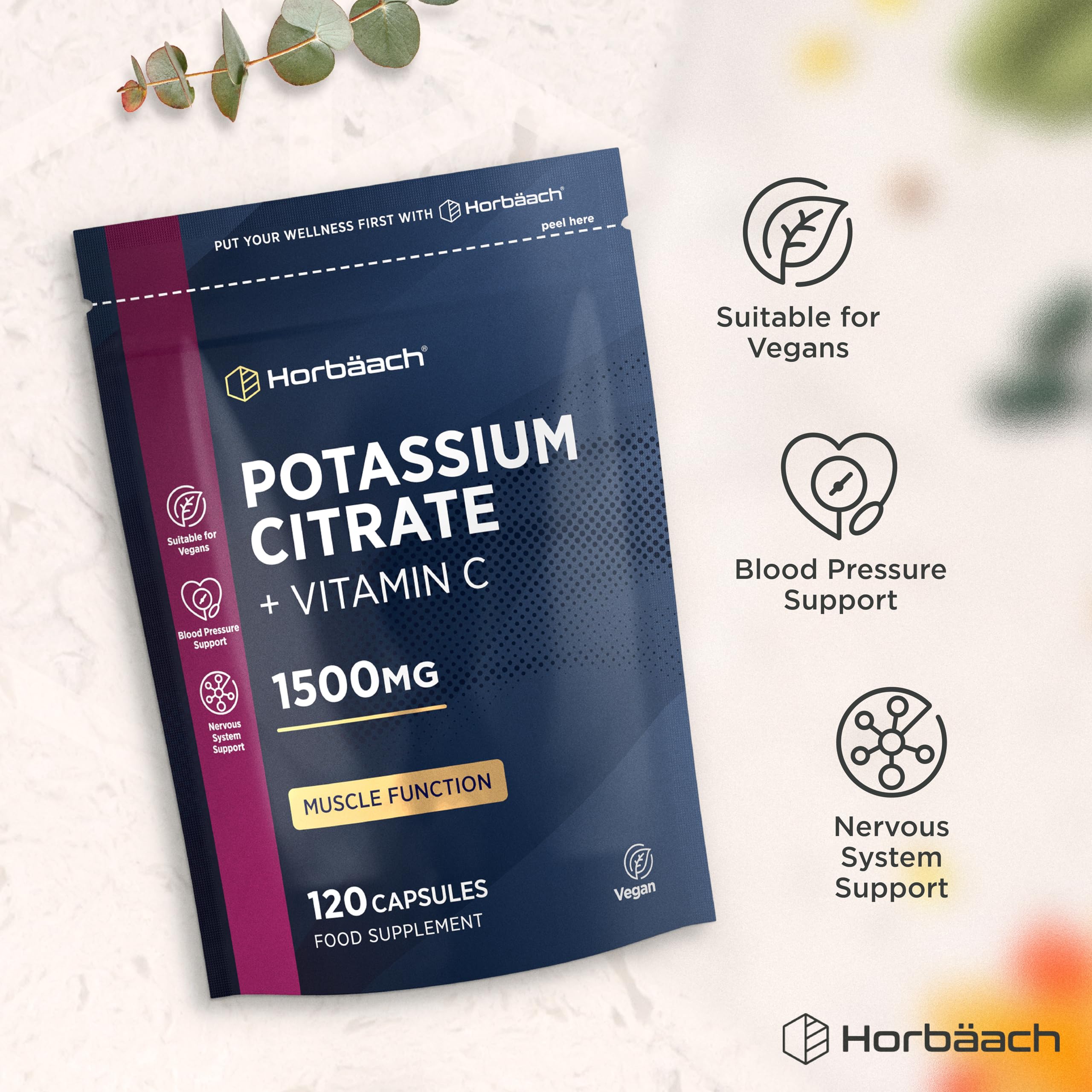 Citrato di Potassio con Vitamina C | 120 Compresse Vegane | 1500mg di Potassium Citrate | Aumento della massa muscolare e Elettroliti (EFSA) | Integratore di Potassio | Horbaach