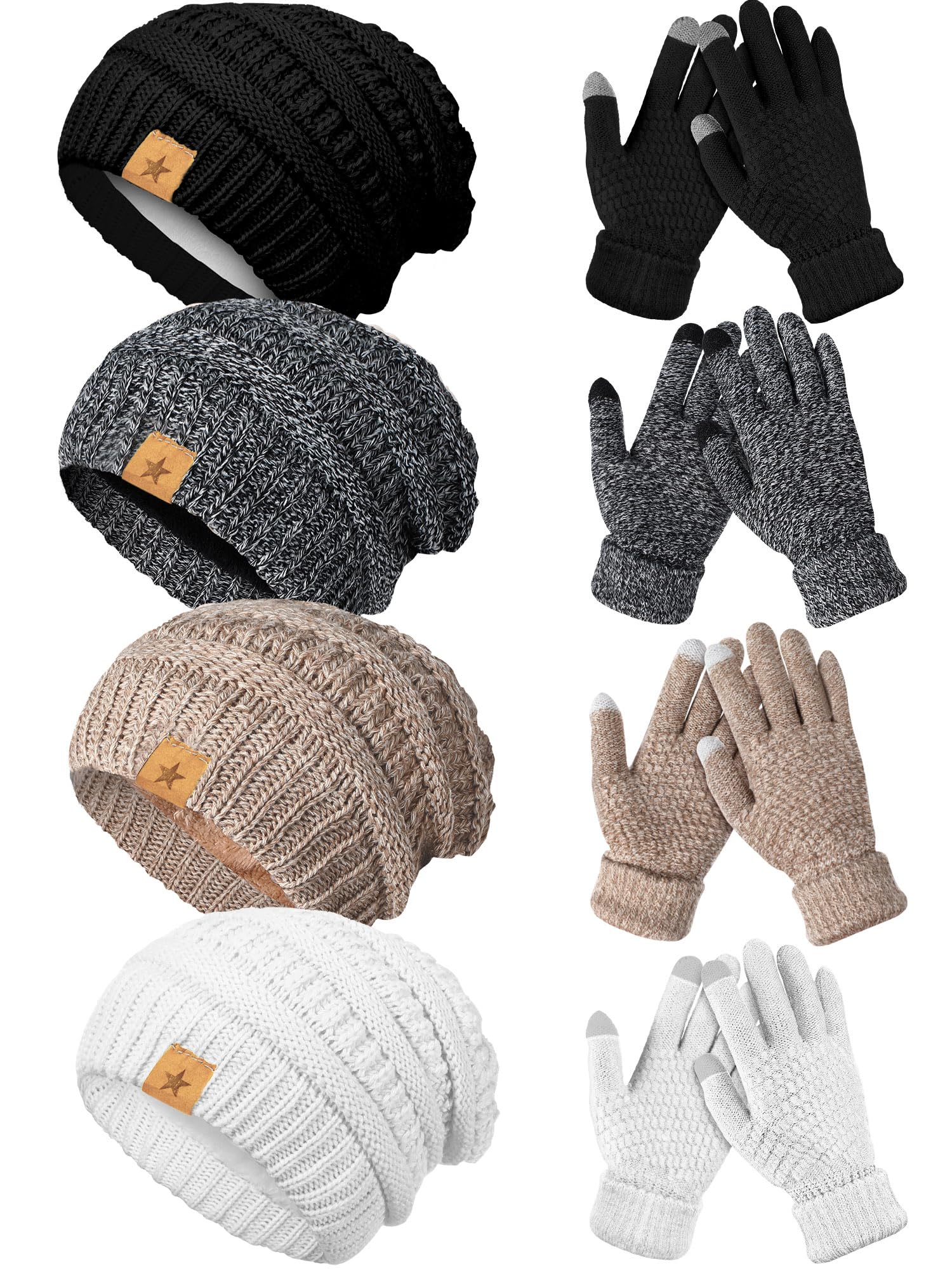 8 Pieces Women Winter Hats and Gloves Set Women Warm Gloves Touchscreen Knitted Lined Gloves Winter Beanies for Women-image-40