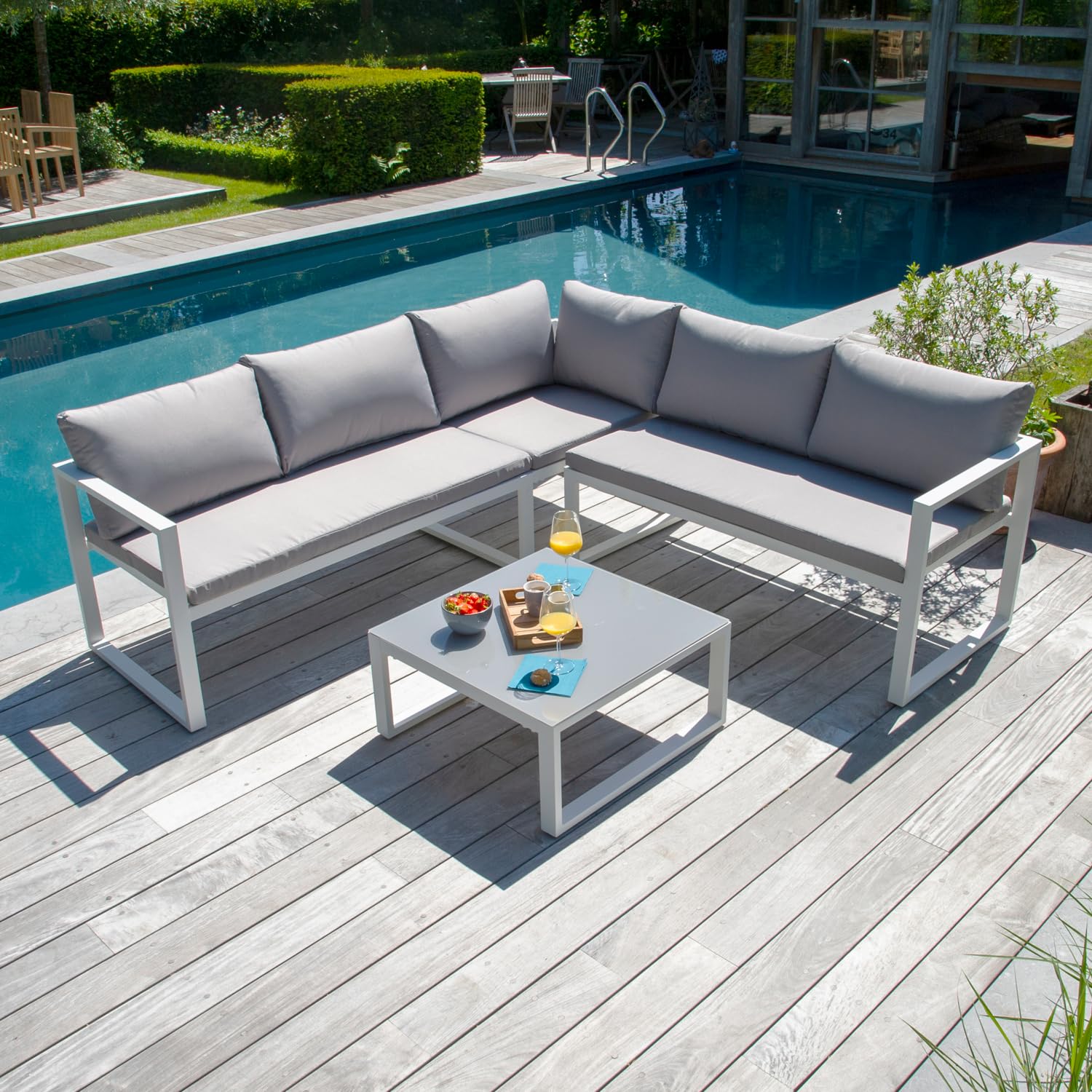 Happy Garden Salon de Jardin modulable Ibiza en Tissu Gris 4 Places - Aluminium Blanc