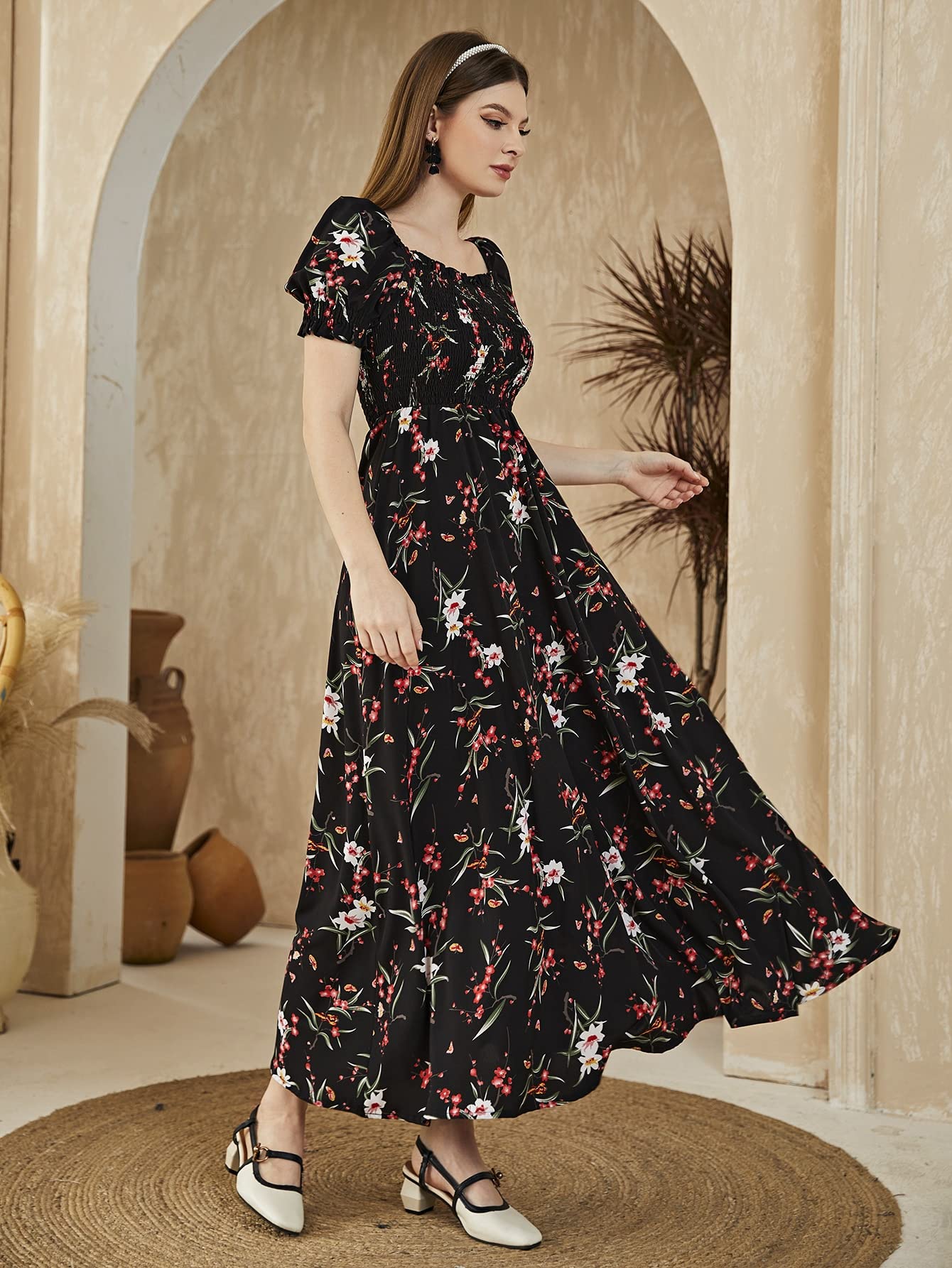 Amazon.com: Women's Dresses Floral Square Neck Shirred -line Dress