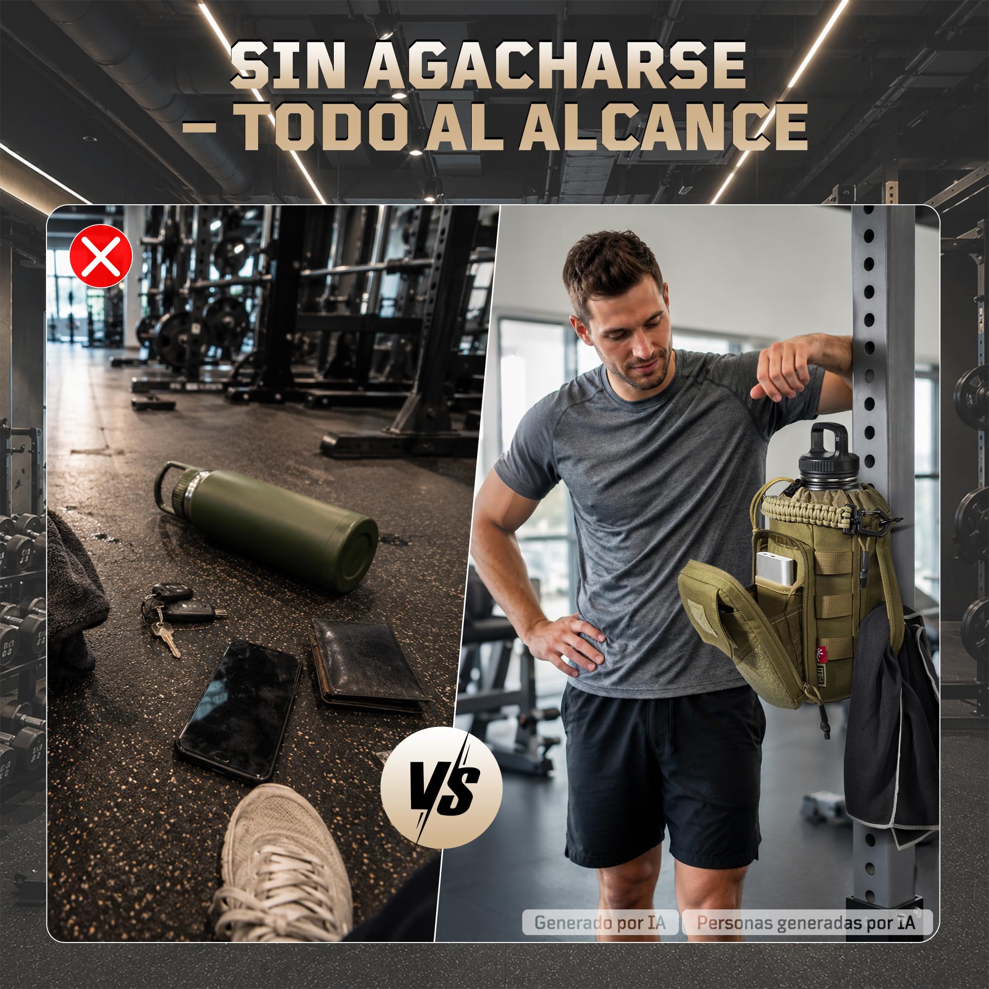 Bolsa Porta Botella Magnética para Gimnasio 1–2L – Funda para Botella con Clip Magnético Fuerte, Bolsillo para Móvil, Correa Ajustable, Acolchada (sin botella)