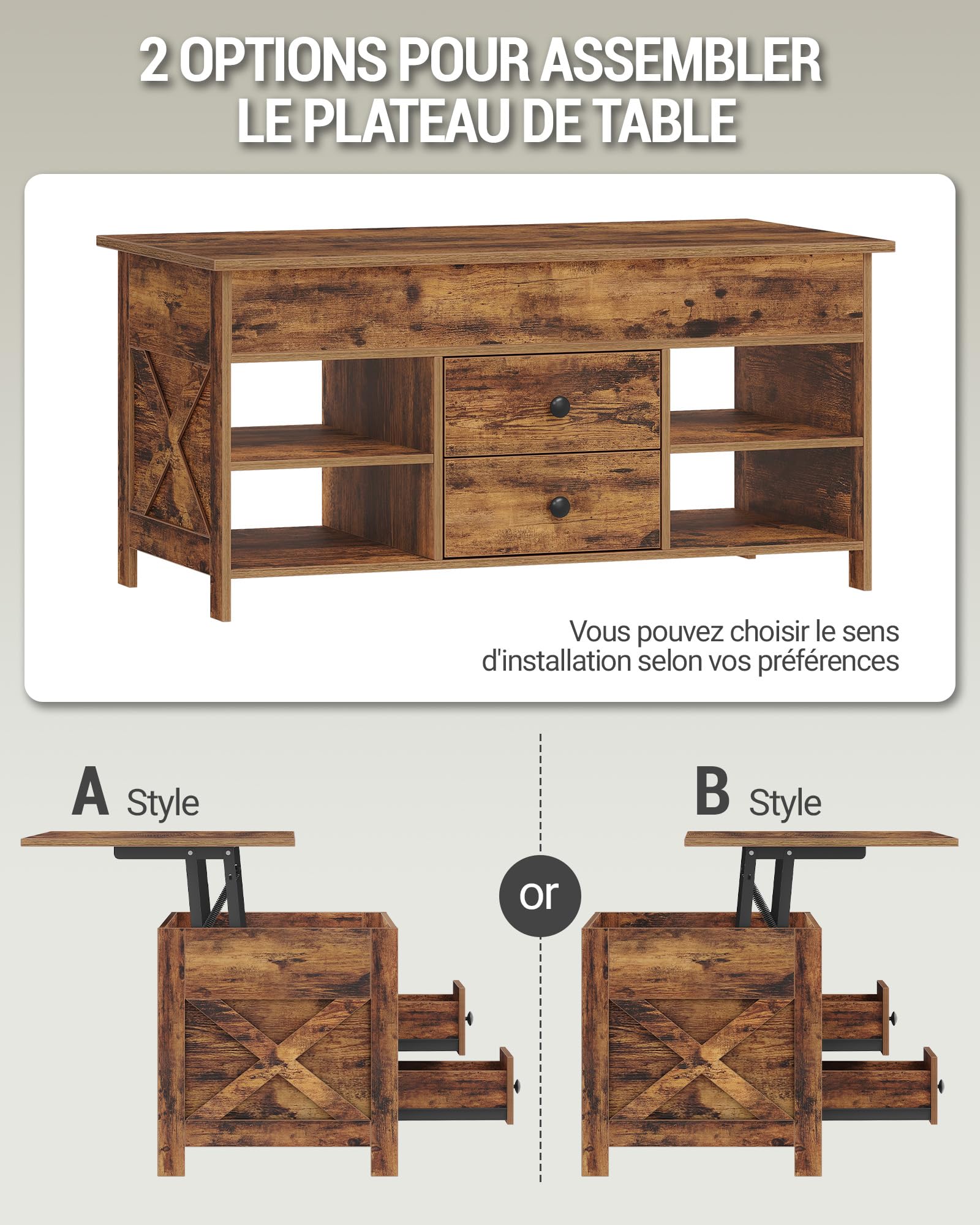 Hzuaneri Table Basse, Table de Salon avec Plateau Relevable, 2 Tiroirs et Espace de Rangement Caché, 50 x 100 x 47,3-61,3 cm, pour Salon, Salle à Manger, Bureau, Marron Rustique et Noir CT22101B | 50 x 100 x 45-61,3 cm Table basse avec 2 tiroirs de rangem
