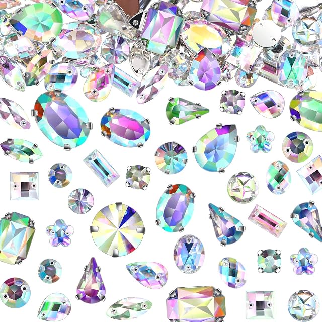 320 Pieces Sew on Rhinestone Sew Crystals Acrylic Gems Sewing Claw Rhinestone Flatback Gemstones with Hole Silver Prong in Mix Shape Mixed Size for DIY Crafts Clothes Shoes Bag Decoration (Crystal AB)