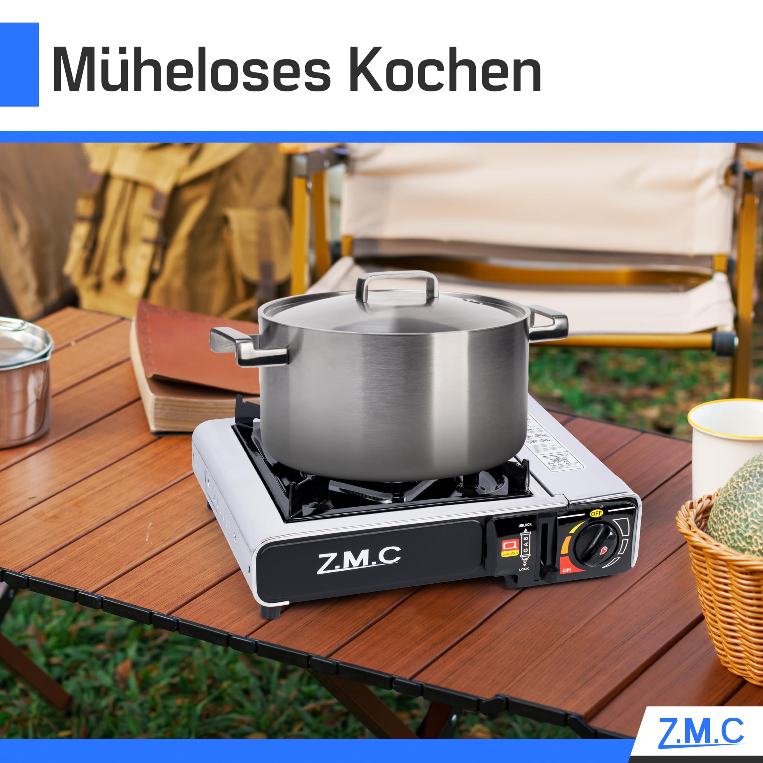 Z.M.C Kuchenka gazowa 1-palnikowa + walizka do przechowywania, kuchenka kempingowa do użytku na zewnątrz i wewnątrz, kuchenka gazowa 2,2 kW z zapłonem piezoelektrycznym, kuchenka kartuszowa ze stali