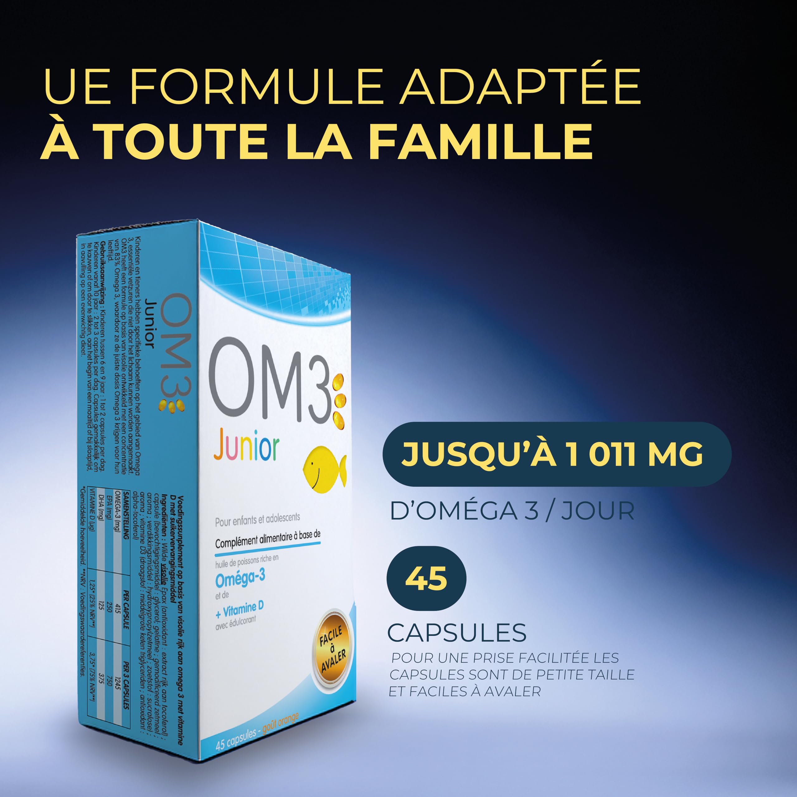OM3 Junior - Huile de poissons EPAX riche en Oméga-3 et Vitamine D - Pour enfants et adolescents - 45 capsules à avaler ou mâcher
