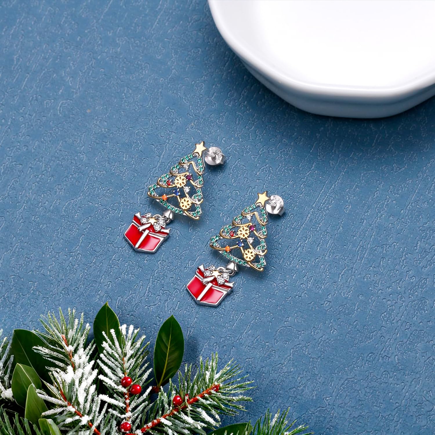Sterling Silver Christmas Tree Earrings Christmas Clip On Earrings for Women Dangling Holiday Xmas Jewelry Gift - Image 3